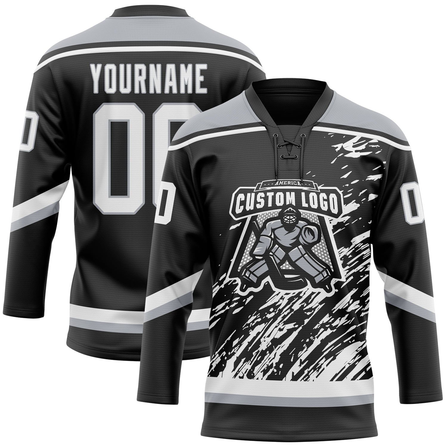 Custom Black White-Gray 3D Splash Art Hockey Lace Neck Jersey