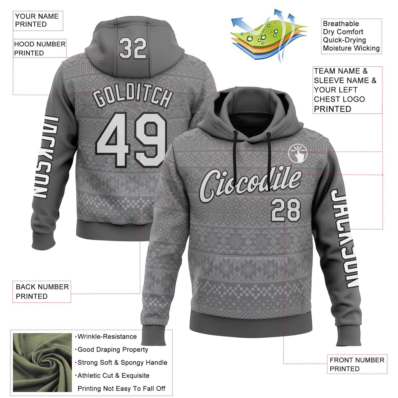 Custom Gray White-Black 3D Pattern Design Ethnic Tribal Sportswear Pullover Sweatshirt Hoodie