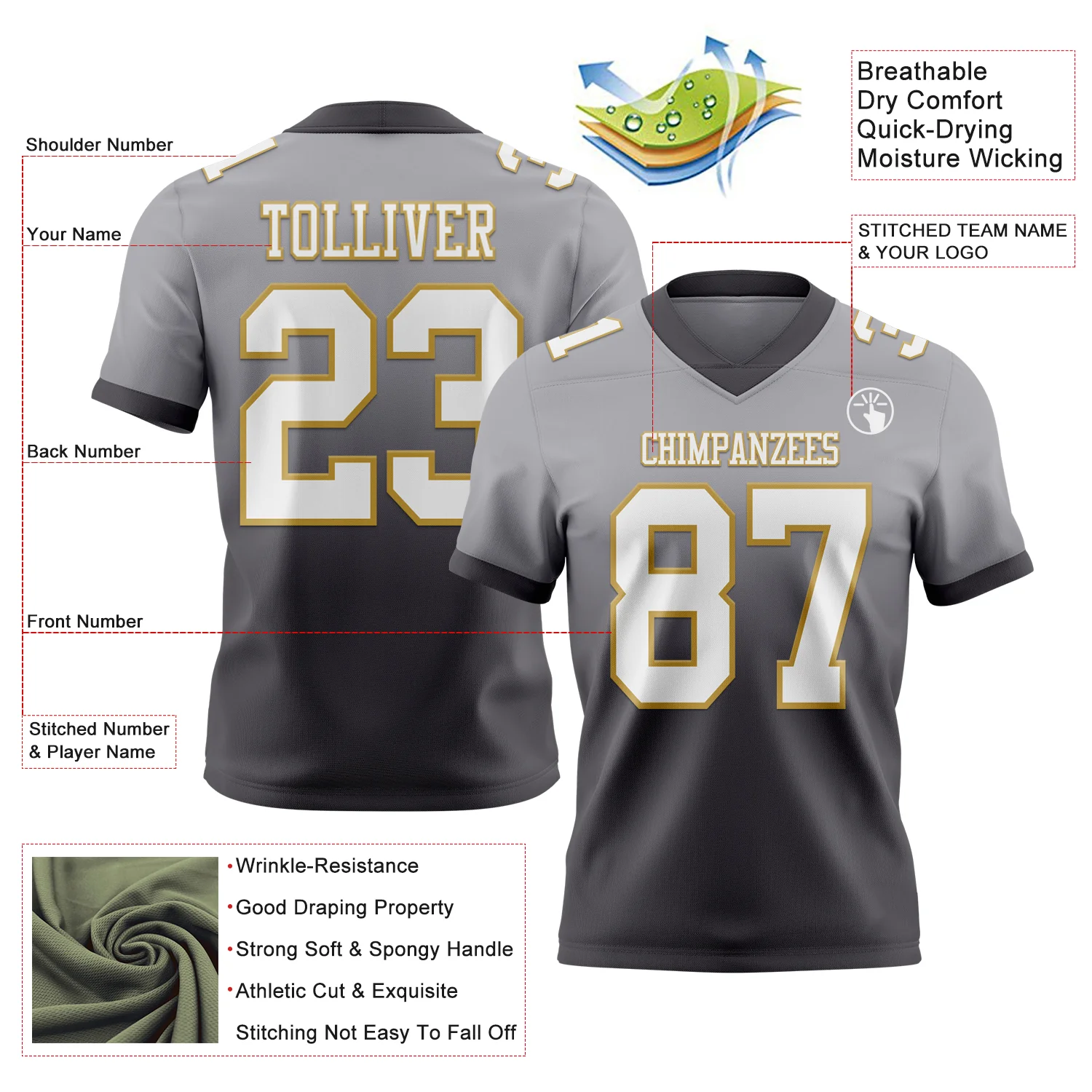 Custom Gray White Steel Gray-Old Gold Authentic Fade Fashion Football Jersey