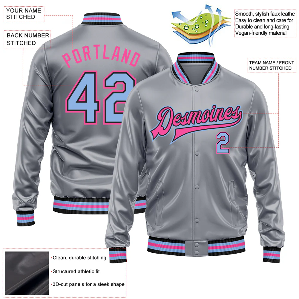 Custom Gray Light Blue Pink-Black Bomber Full-Snap Varsity Faux Leather Letterman Jacket