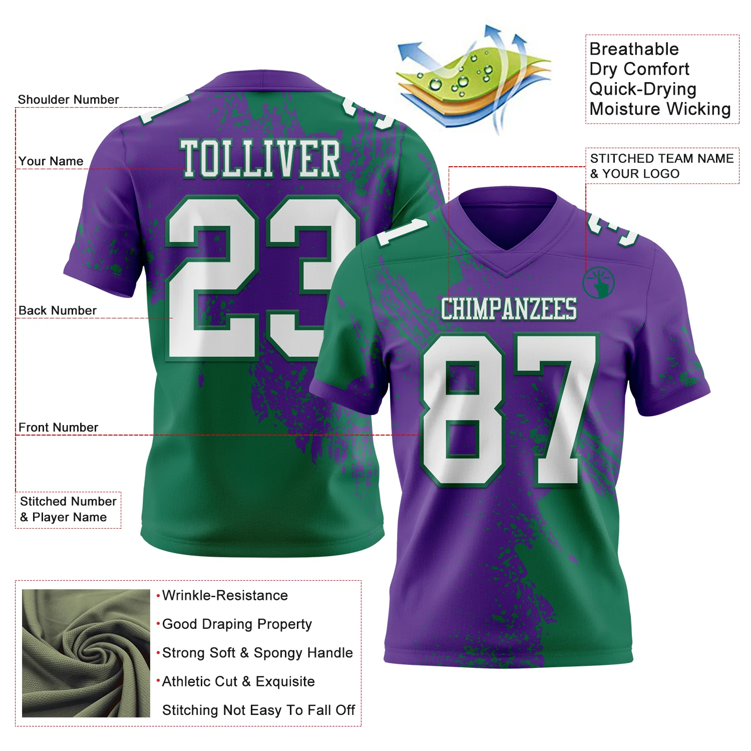 Custom Purple White-Kelly Green 3D Pattern Abstract Brush Stroke Authentic Football Jersey