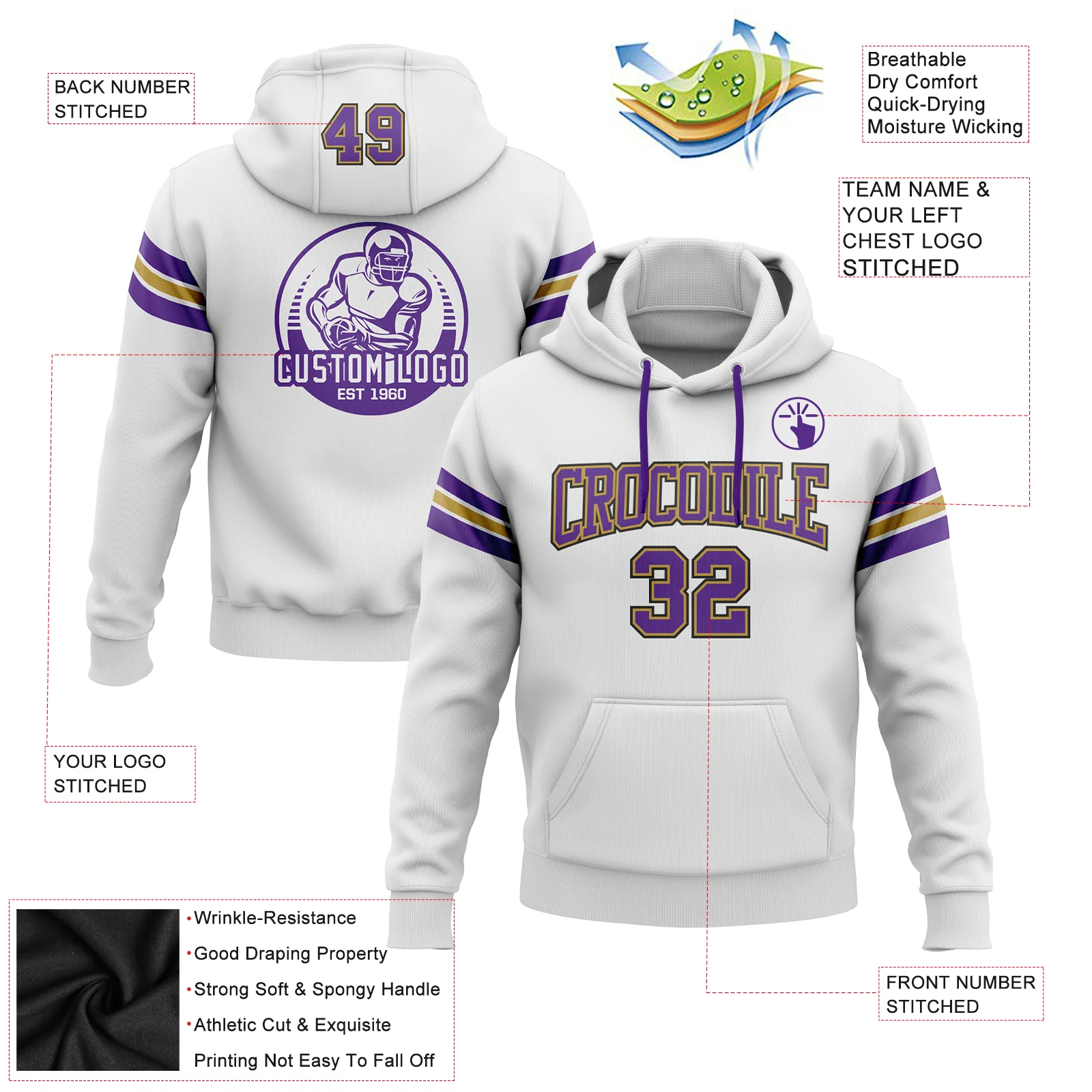 Custom Stitched White Purple Old Gold-Black Football Pullover Sweatshirt Hoodie