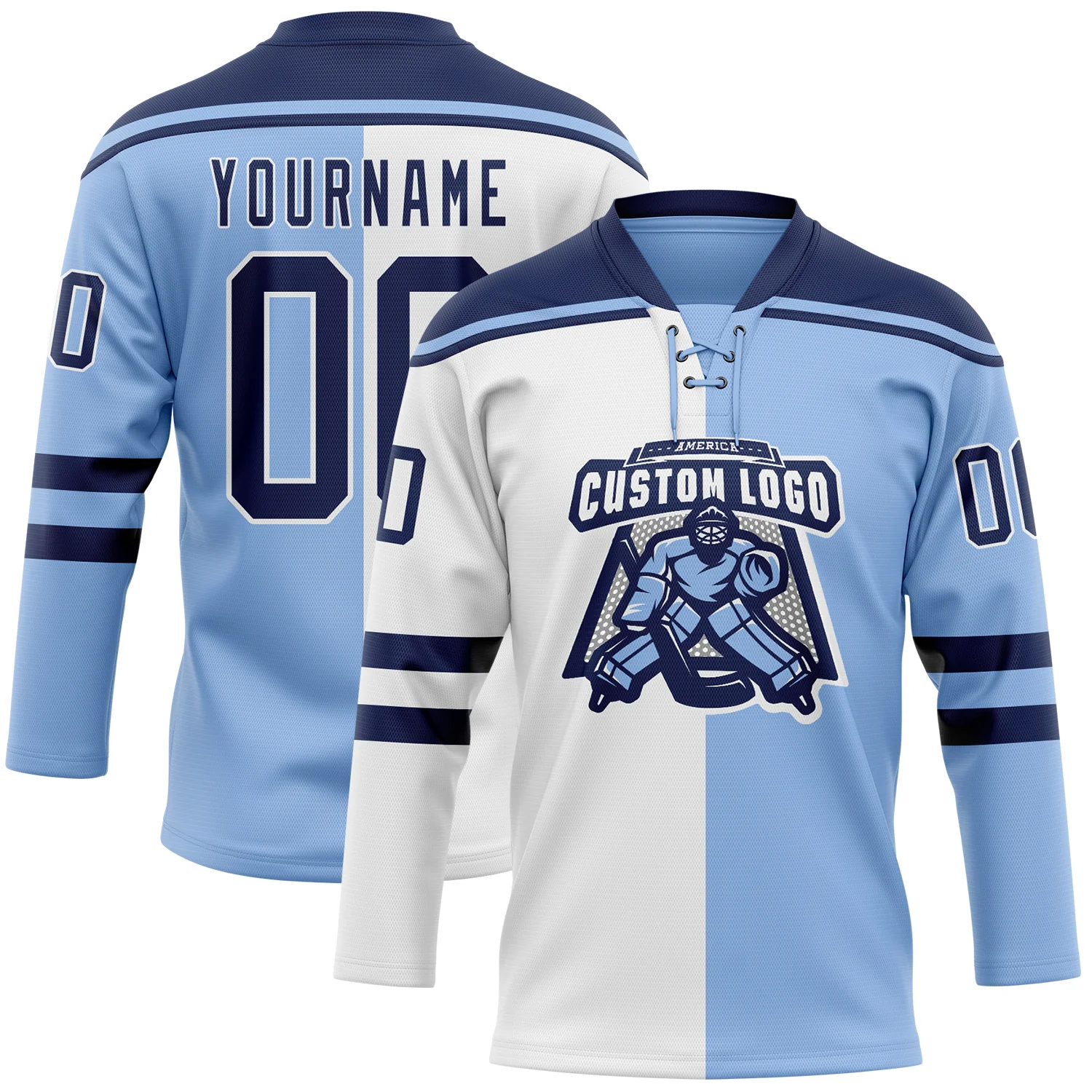 Custom Light Blue Navy-White Split Fashion Hockey Lace Neck Jersey