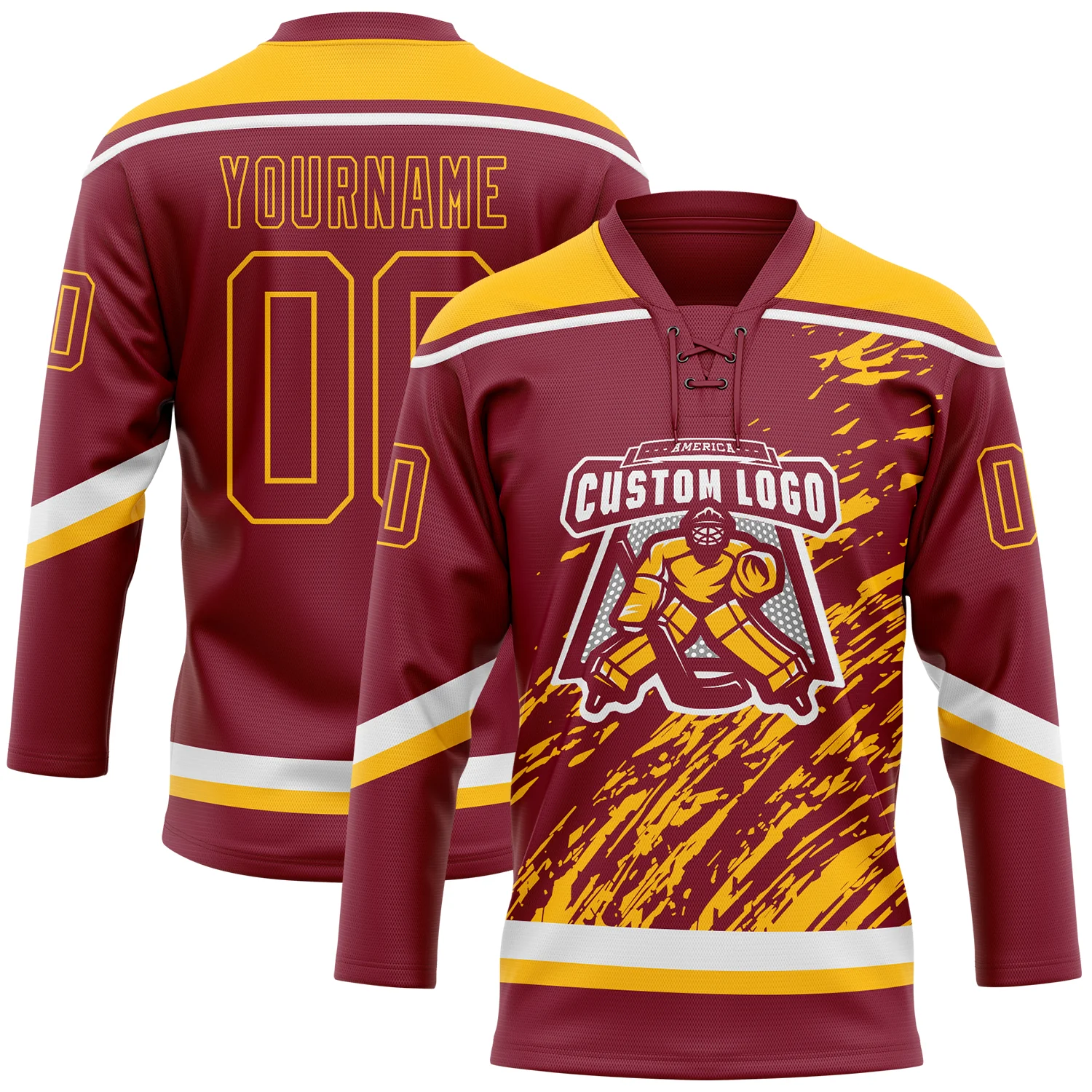 Custom Crimson Gold-White 3D Splash Art Hockey Lace Neck Jersey