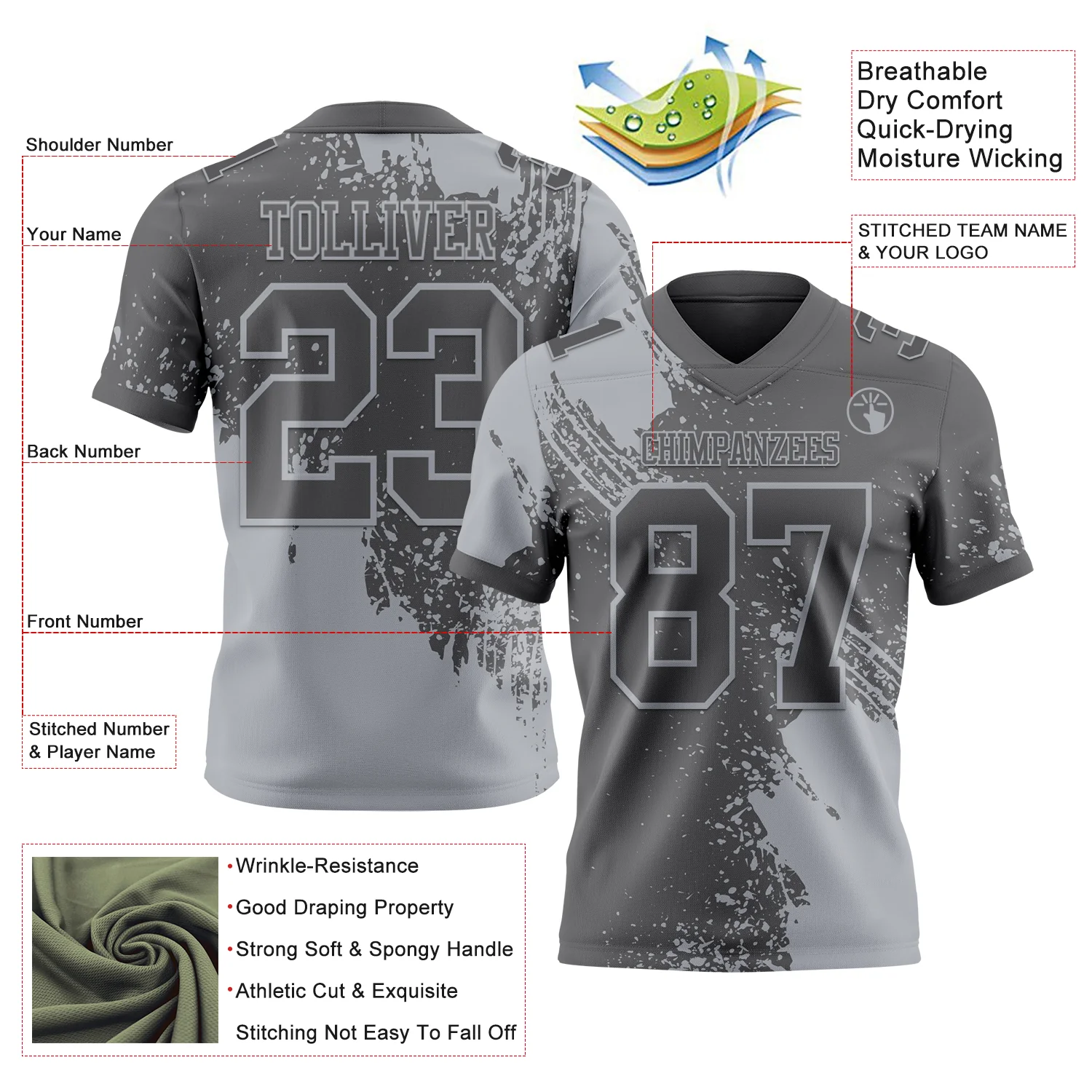 Custom Steel Gray Gray 3D Pattern Abstract Brush Stroke Authentic Football Jersey