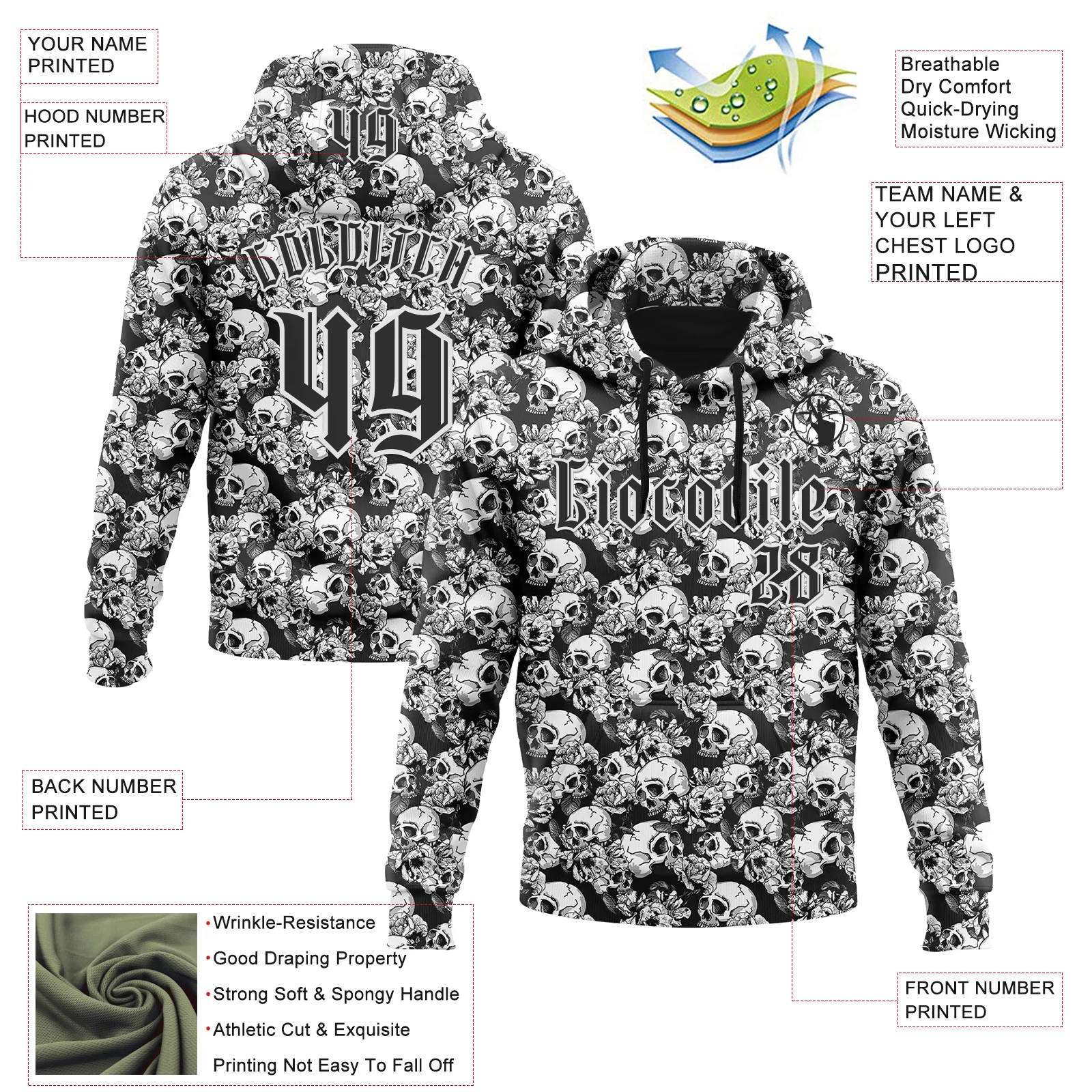 Custom Black White 3D Skull Roses Gothic Sports Pullover Sweatshirt Hoodie