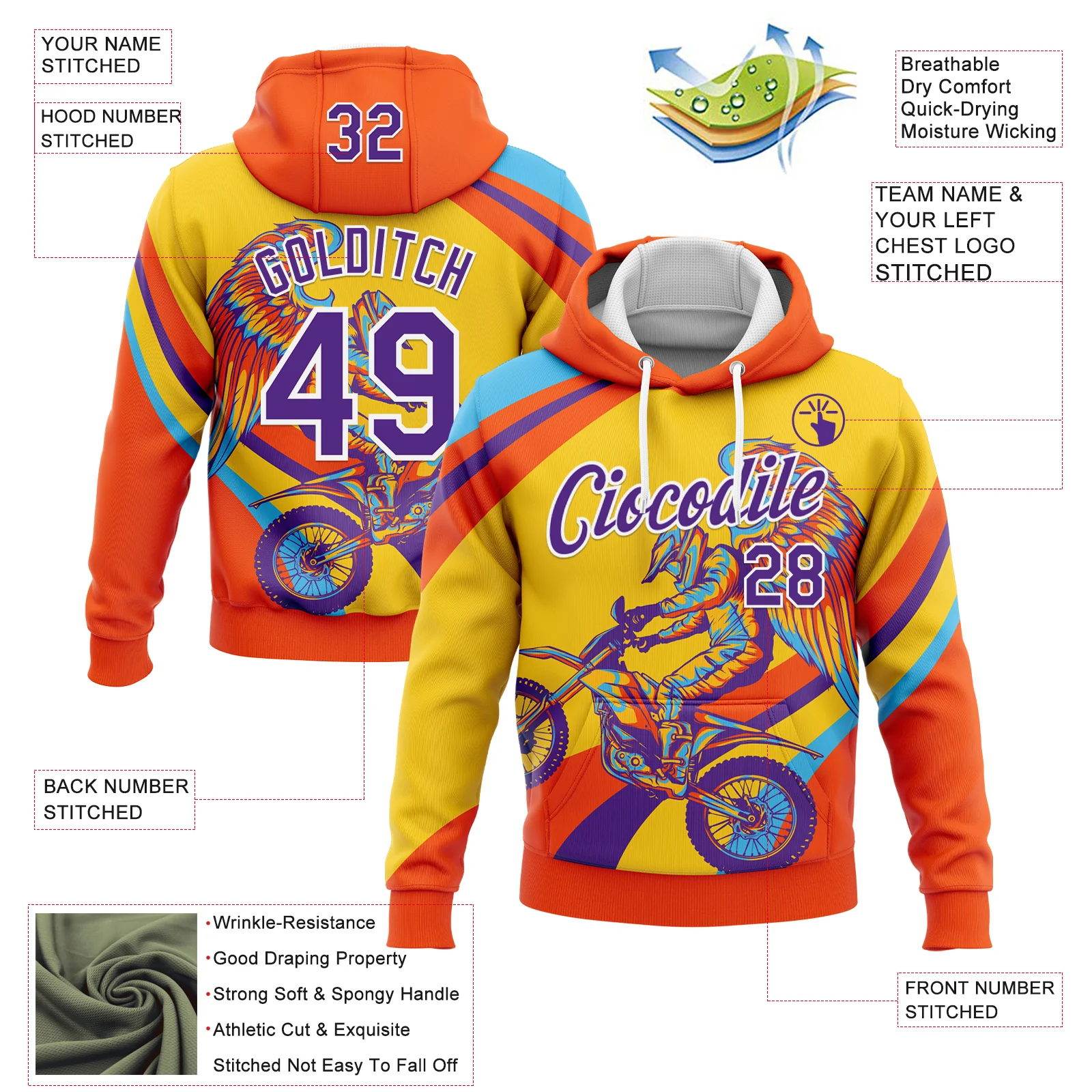 Custom Stitched Yellow Purple Orange-White 3D Pattern Design Motorcycle Motocross Racing Sports Pullover Sweatshirt Hoodie