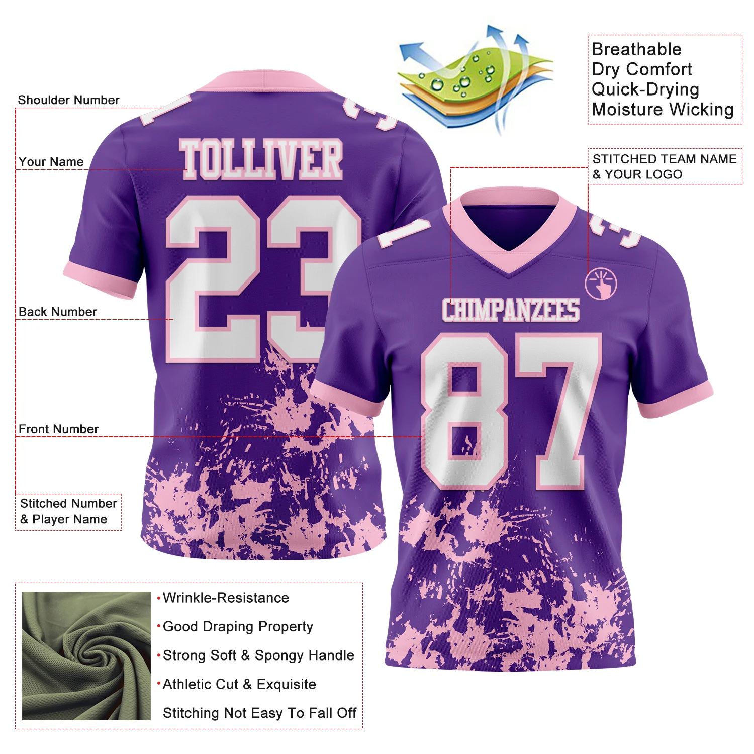 Custom Purple White-Light Pink 3D Pattern Splash Authentic Football Jersey