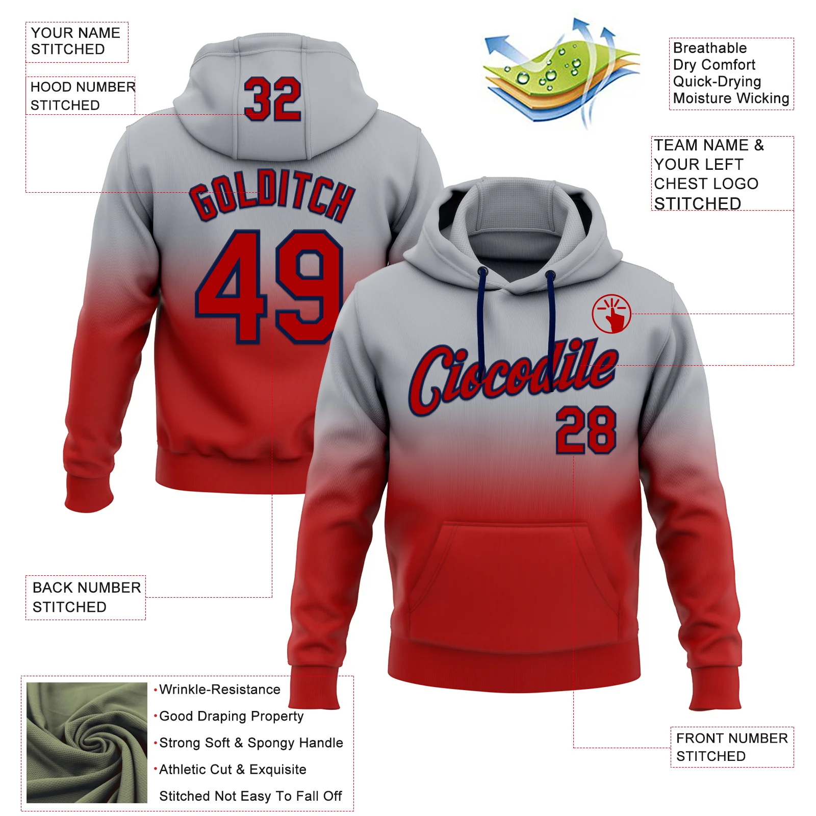 Custom Stitched Gray Red-Navy Fade Fashion Sports Pullover Sweatshirt Hoodie