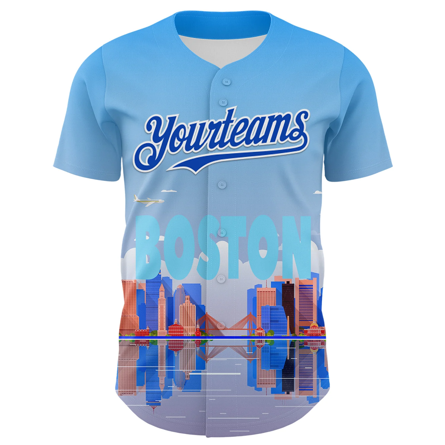 Custom Blue Thunder Blue-White 3D Pattern Design Boston Cityscape Skyline Authentic Baseball Jersey