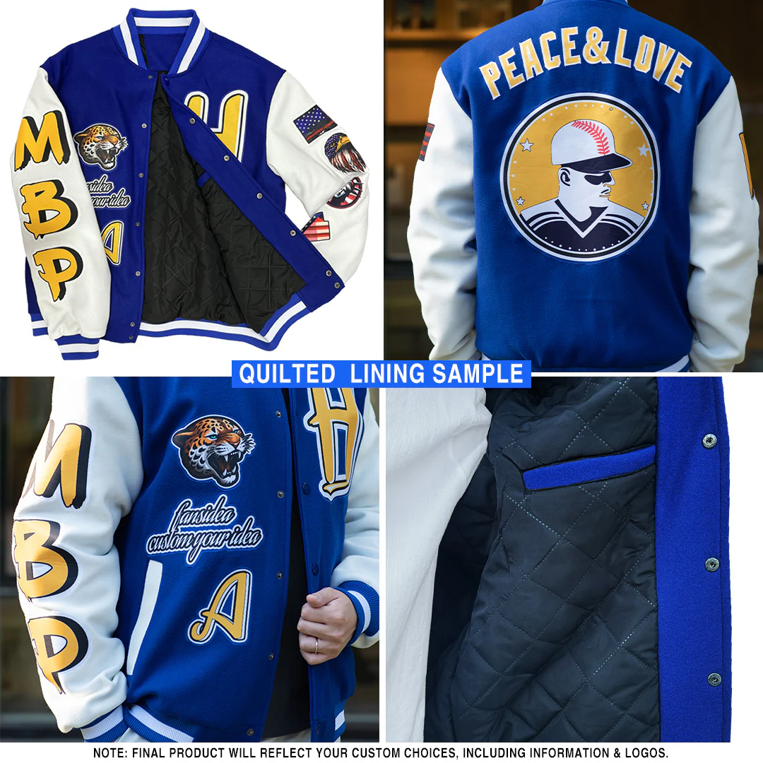 Custom Black Gold Royal-White Fragment 3D Pattern Design Bomber Full-Snap Varsity Letterman Hoodie Jacket