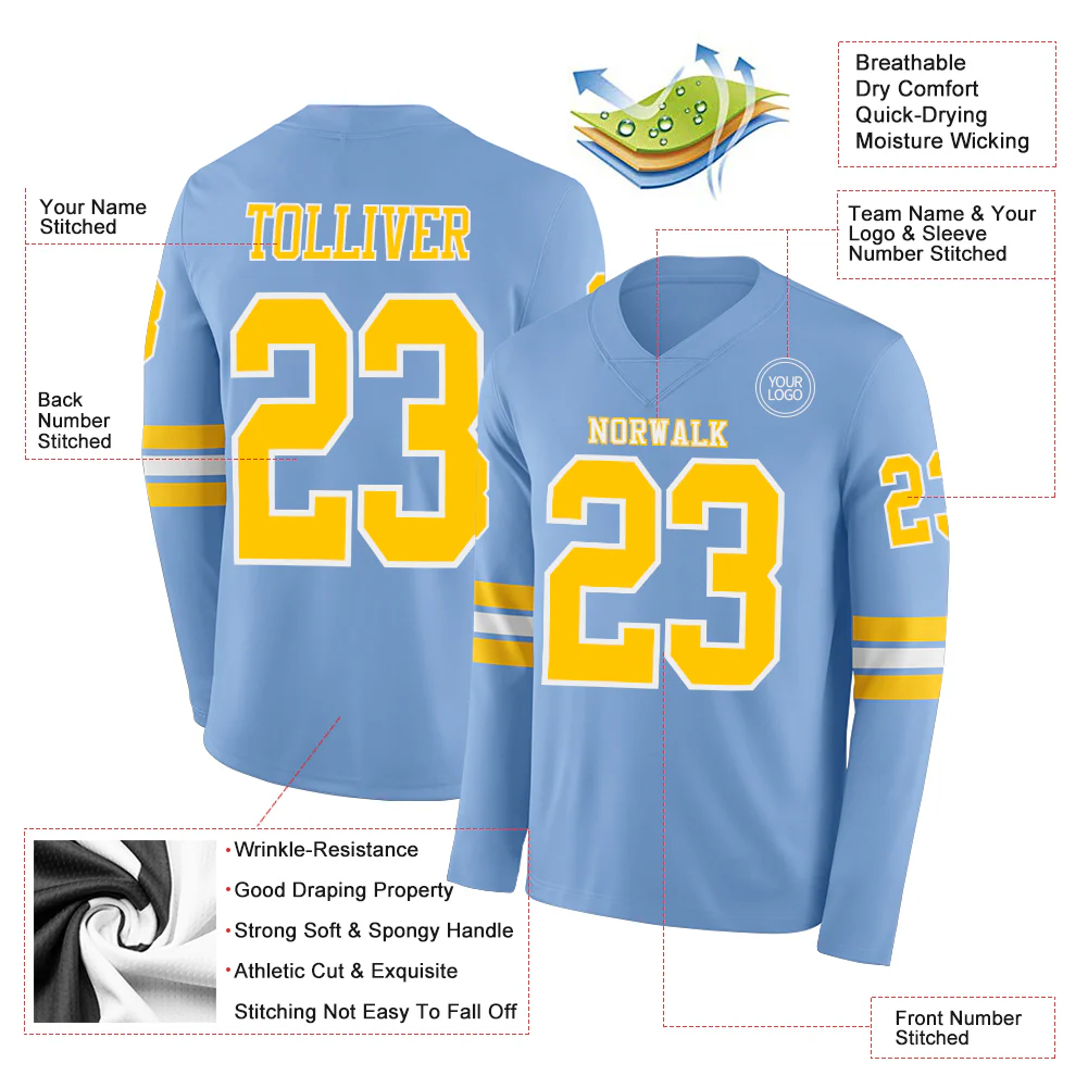 Custom Light Blue Yellow-White Long Sleeve Authentic Football Jersey