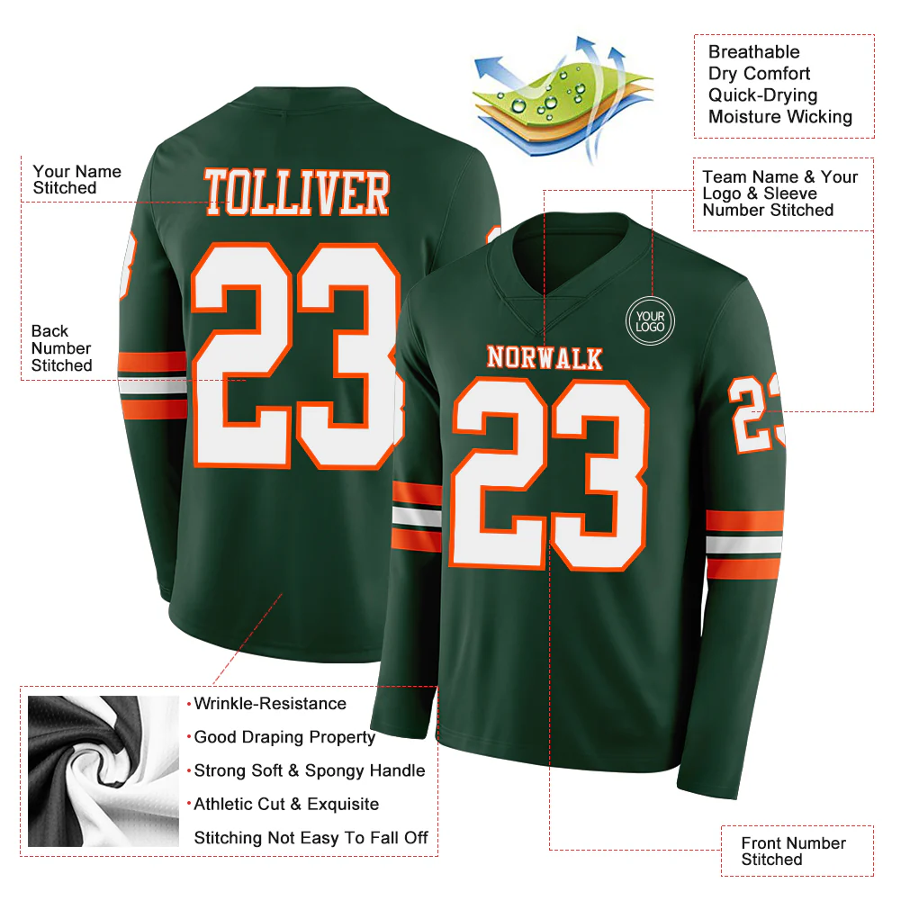Custom Green White-Orange Long Sleeve Authentic Football Jersey