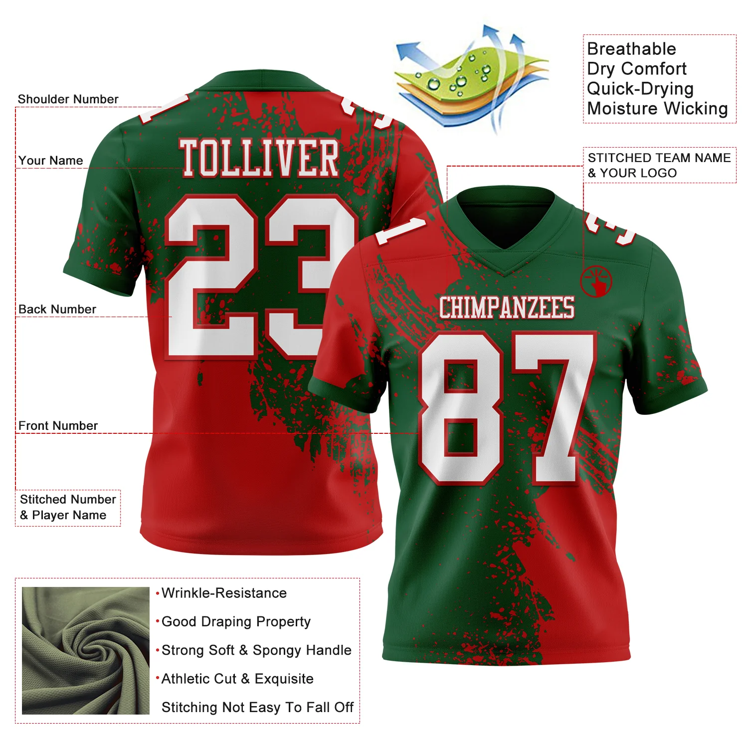 Custom Green White-Red 3D Pattern Abstract Brush Stroke Authentic Football Jersey
