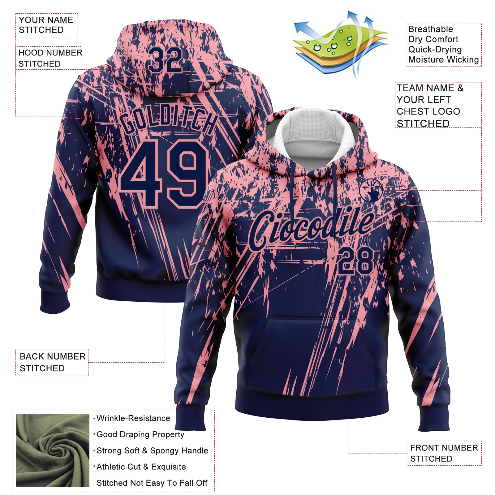 Custom Stitched Navy Medium Pink 3D Pattern Design Splash Grunge Art Sports Pullover Sweatshirt Hoodie