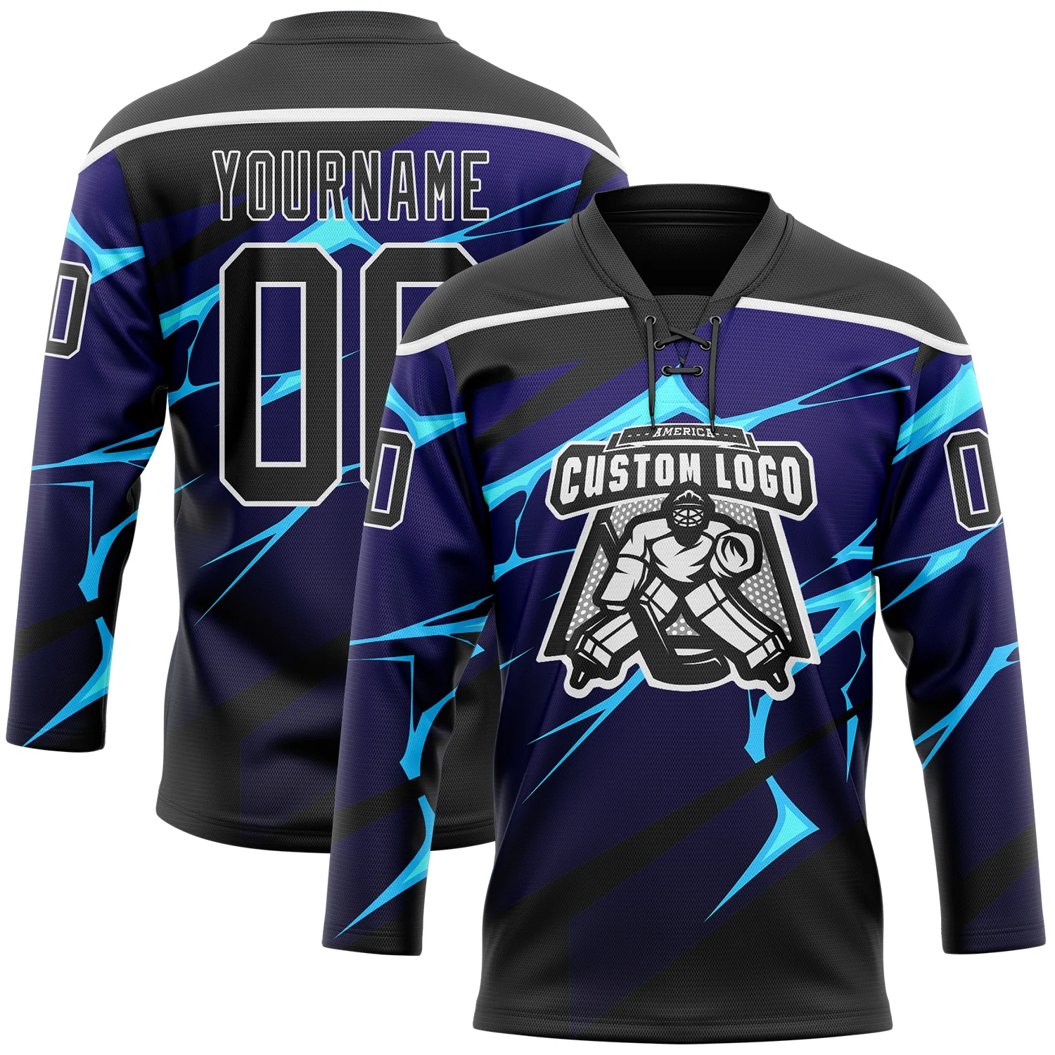 Custom Black Blue-White 3D Pattern Lightning Hockey Lace Neck Jersey