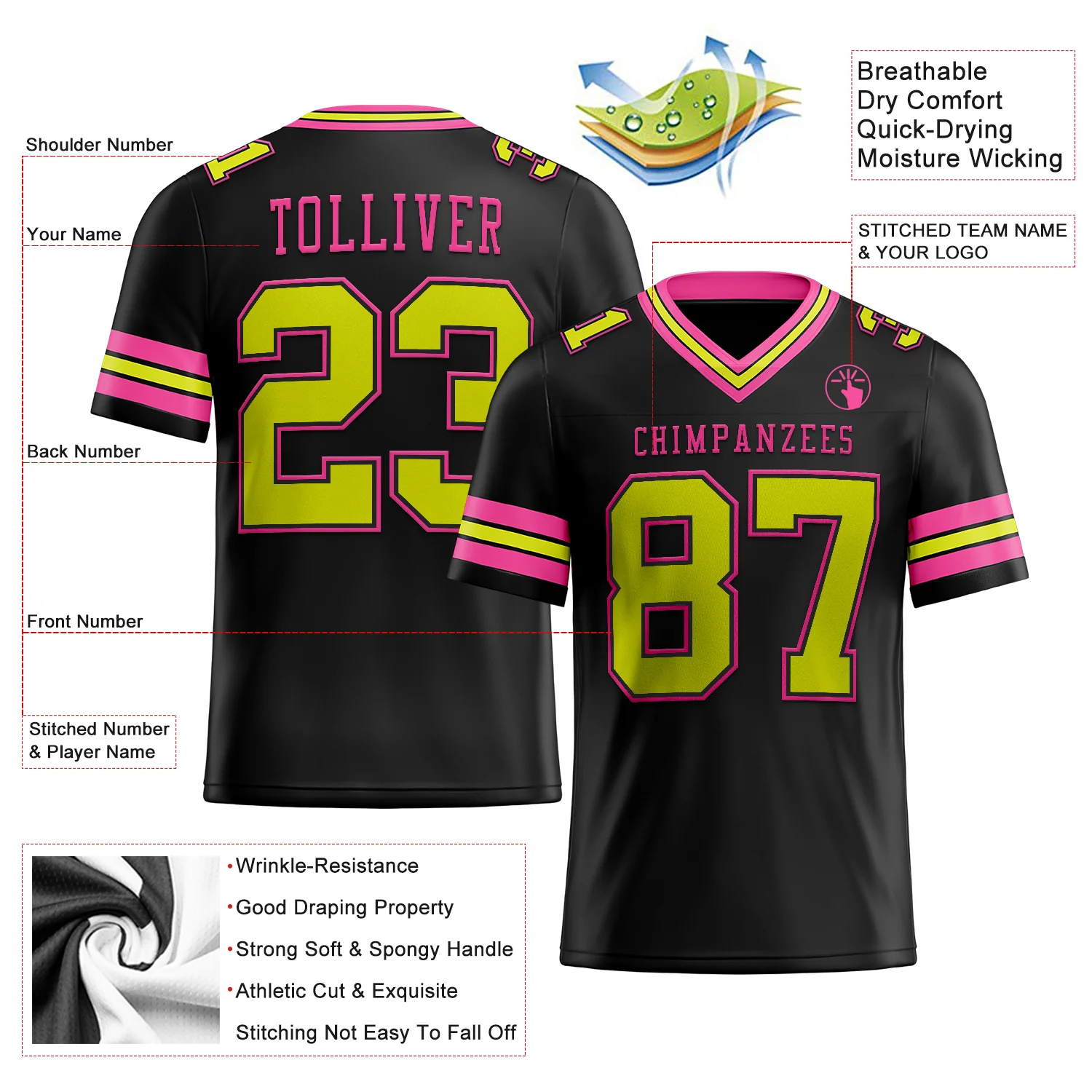Custom Black Neon Yellow-Pink Authentic Football Jersey