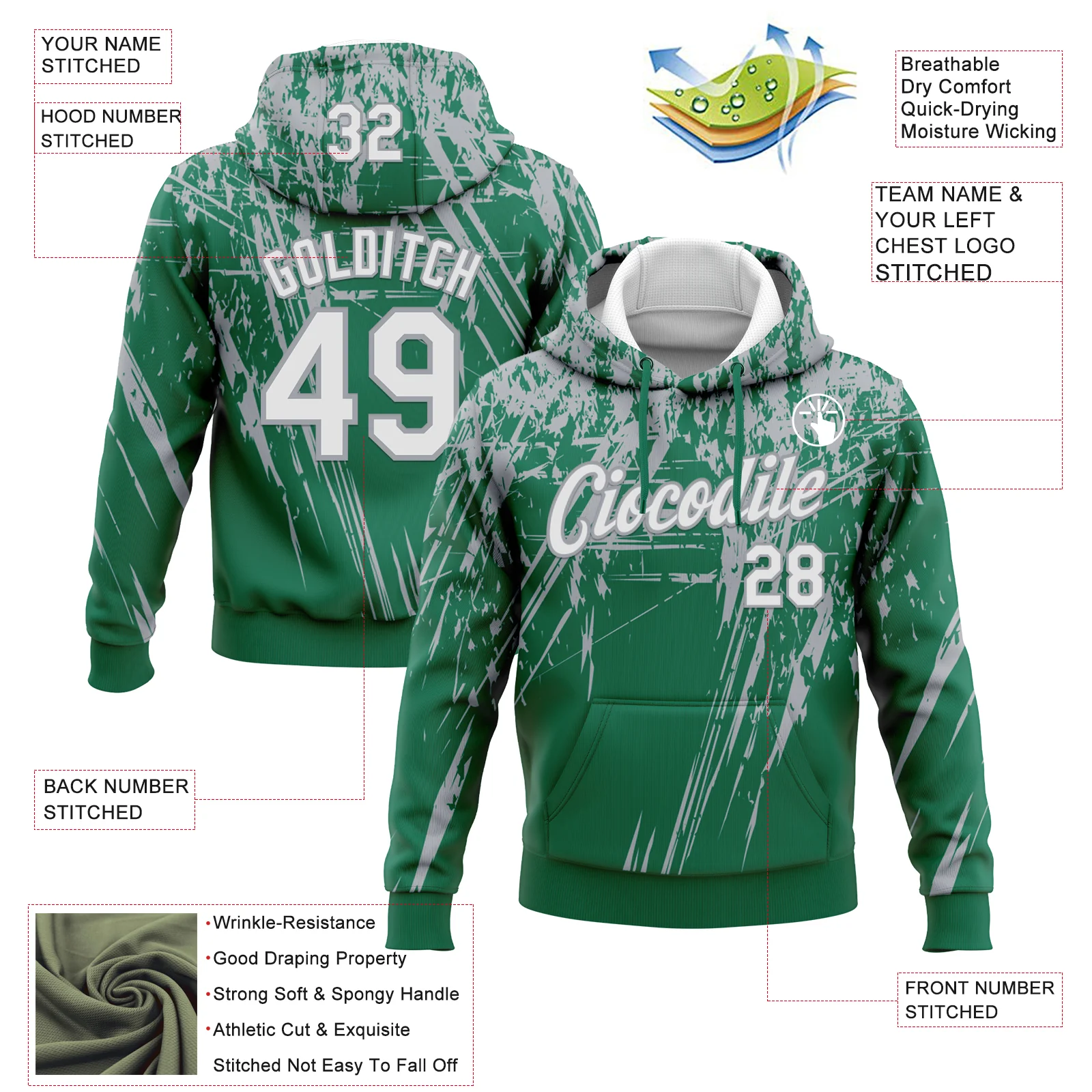 Custom Stitched Kelly Green White-Gray 3D Pattern Design Splash Grunge Art Sports Pullover Sweatshirt Hoodie
