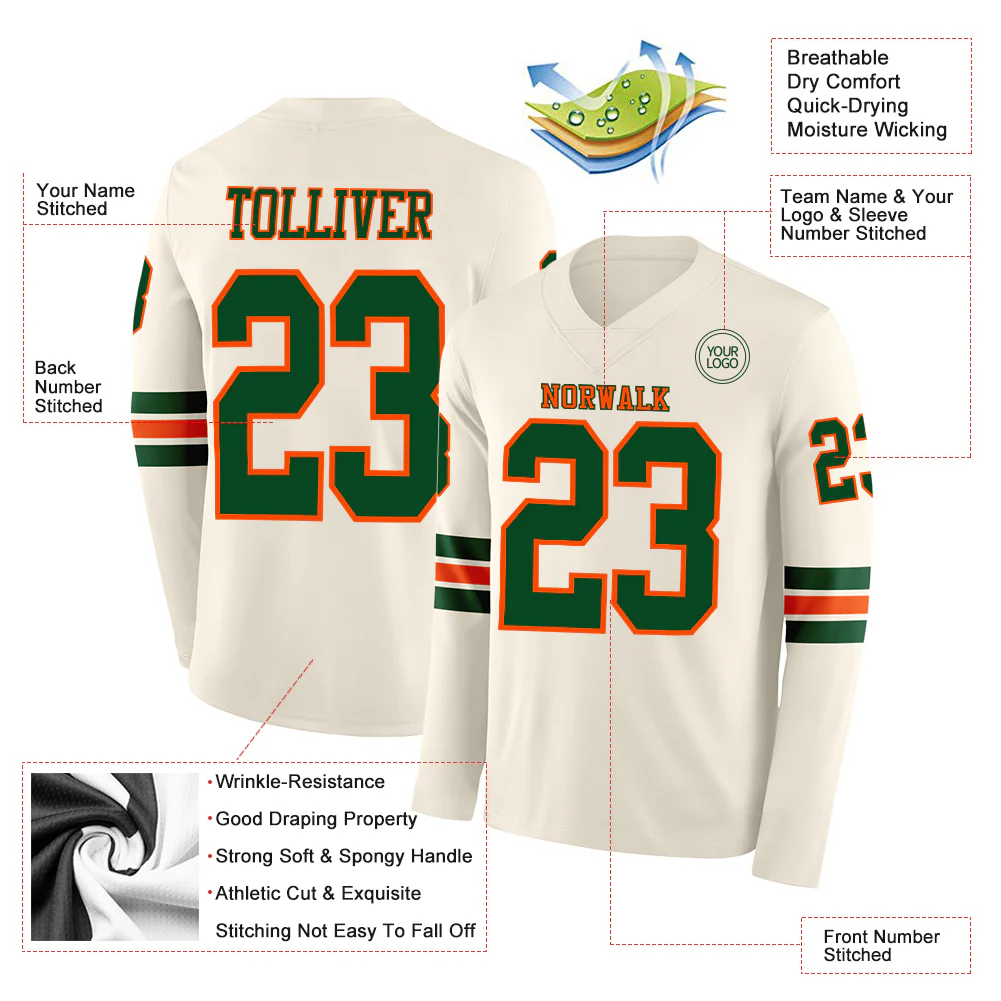 Custom Cream Green-Orange Long Sleeve Authentic Football Jersey