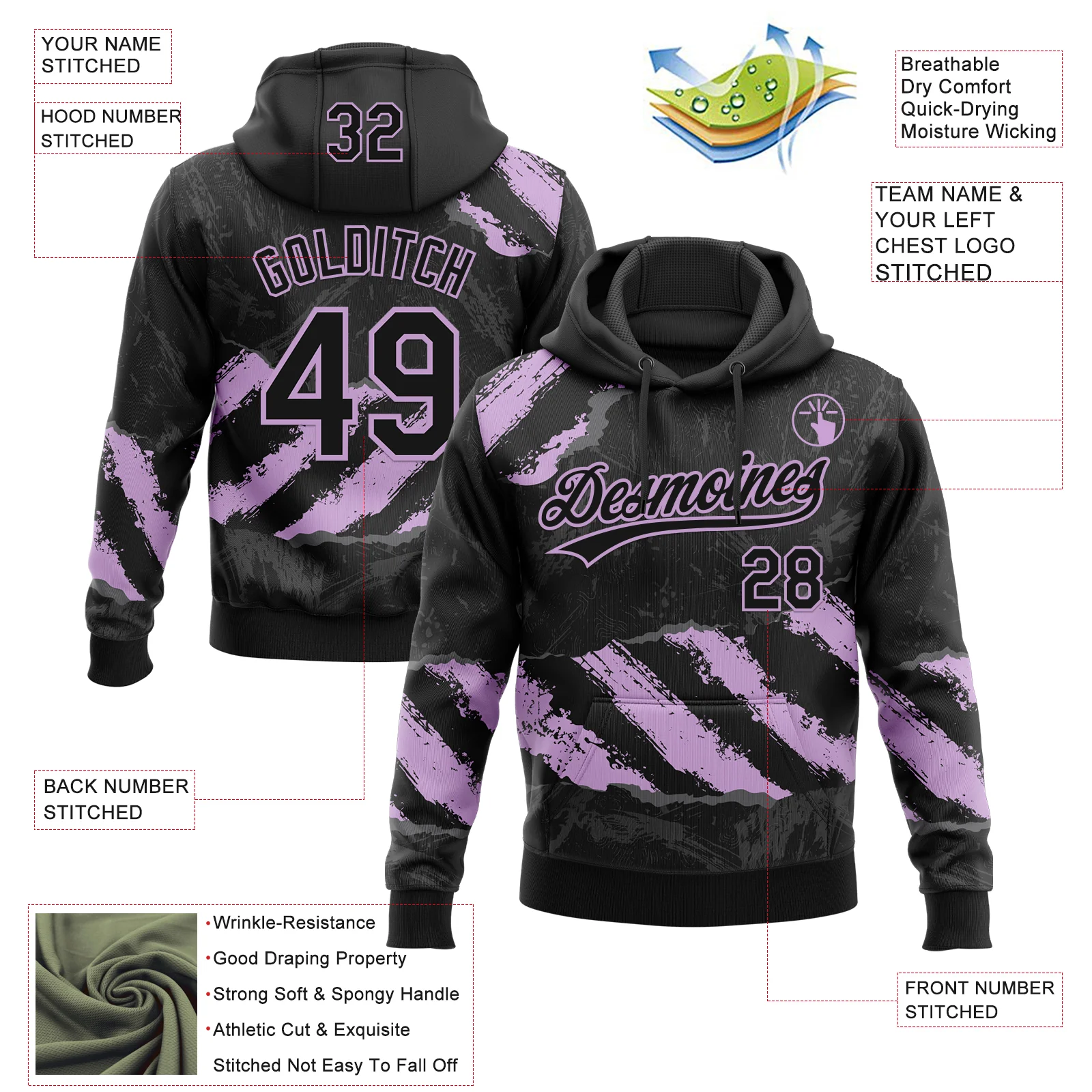 Custom Stitched Black Light Purple-Steel Gray 3D Pattern Design Splash Sports Pullover Sweatshirt Hoodie
