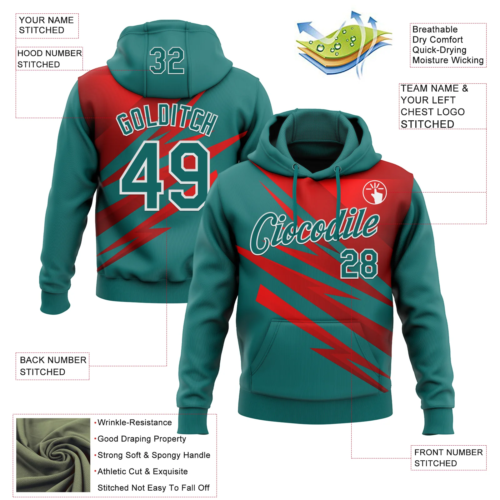 Custom Stitched Teal Red-White 3D Pattern Design Line Sports Pullover Sweatshirt Hoodie