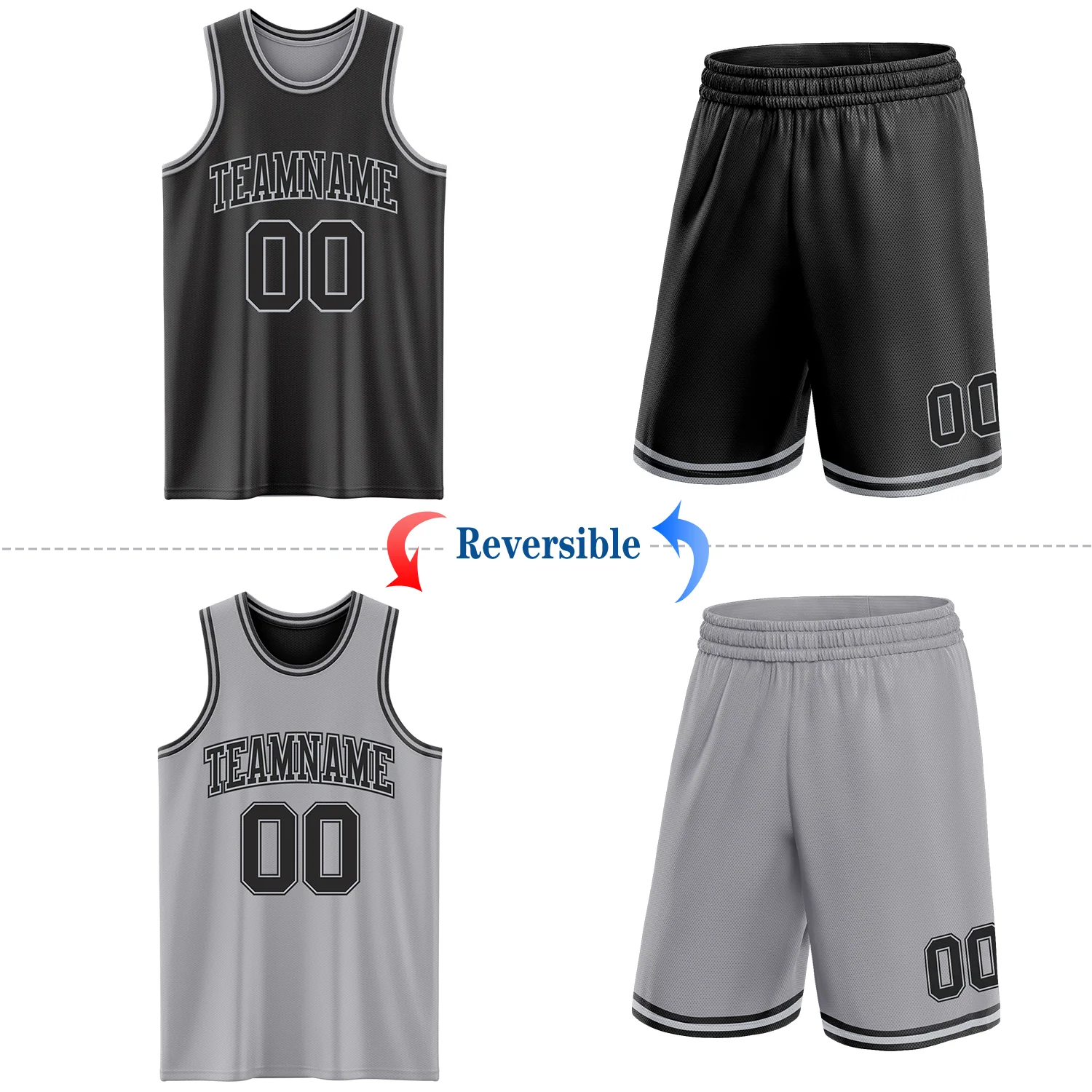 Custom Reversible Black Gray Double Side Sublimation Basketball Suit Jersey