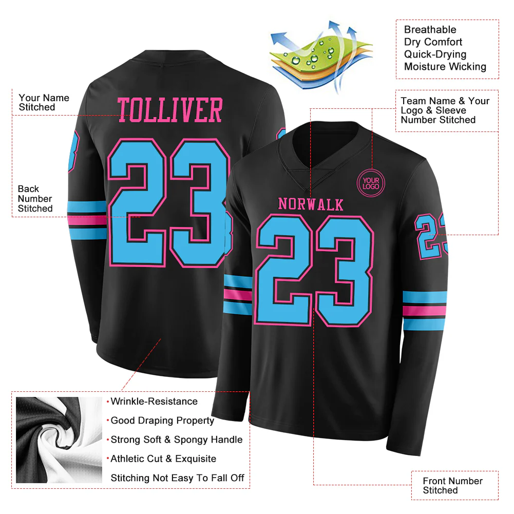 Custom Black Sky Blue-Pink Long Sleeve Authentic Football Jersey
