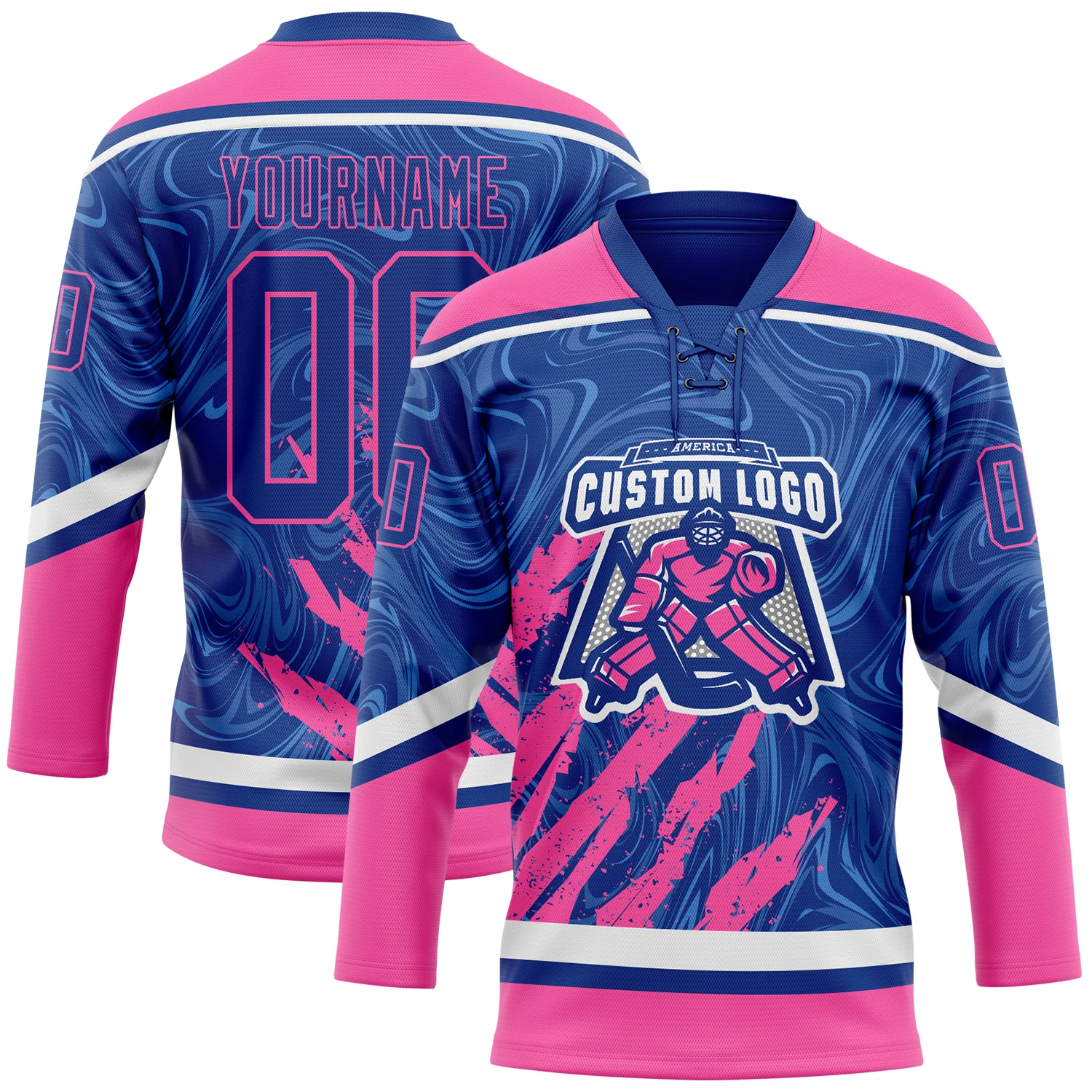Custom Royal Pink-White 3D Splash Art Hockey Lace Neck Jersey