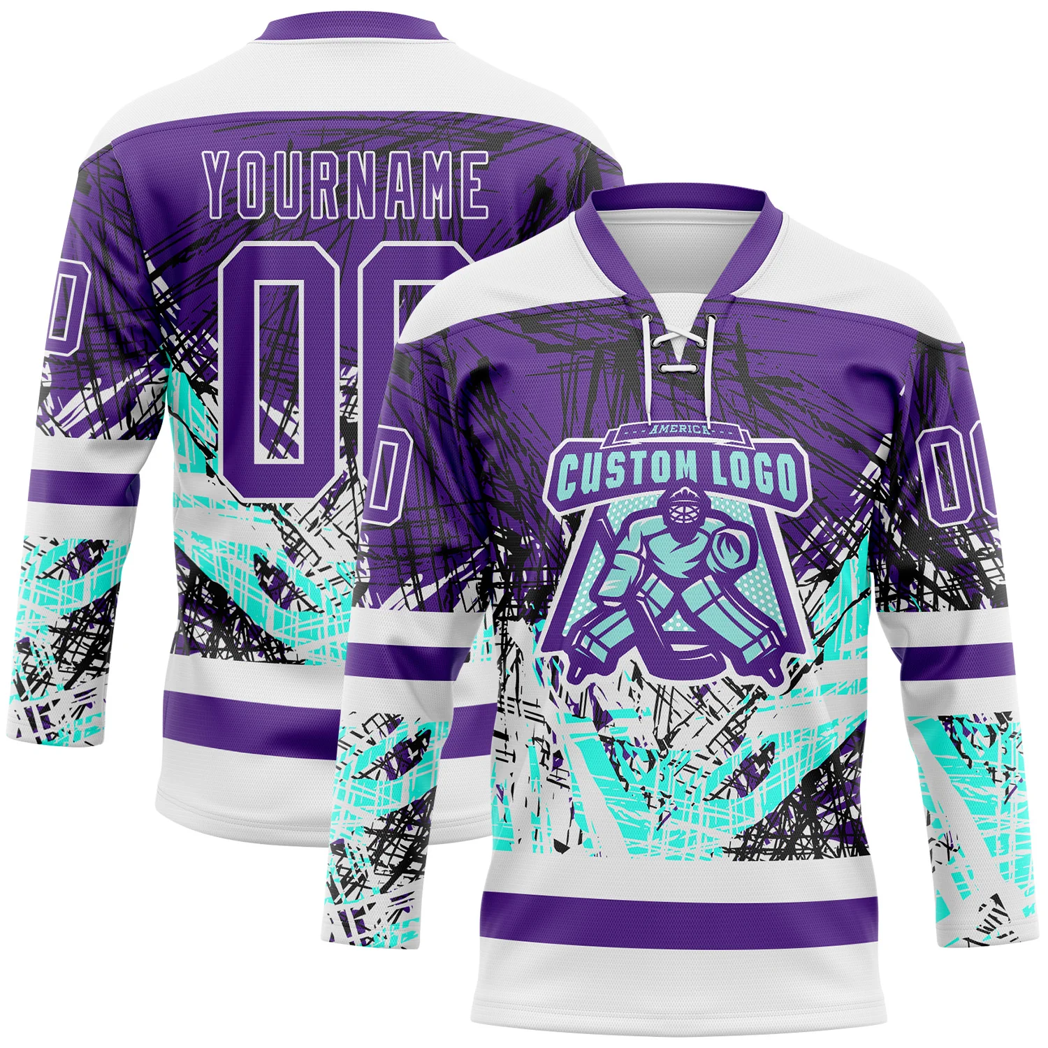 Custom Purple Green-White 3D Pattern Abstract Splatter Paint Grunge Hockey Lace Neck Jersey