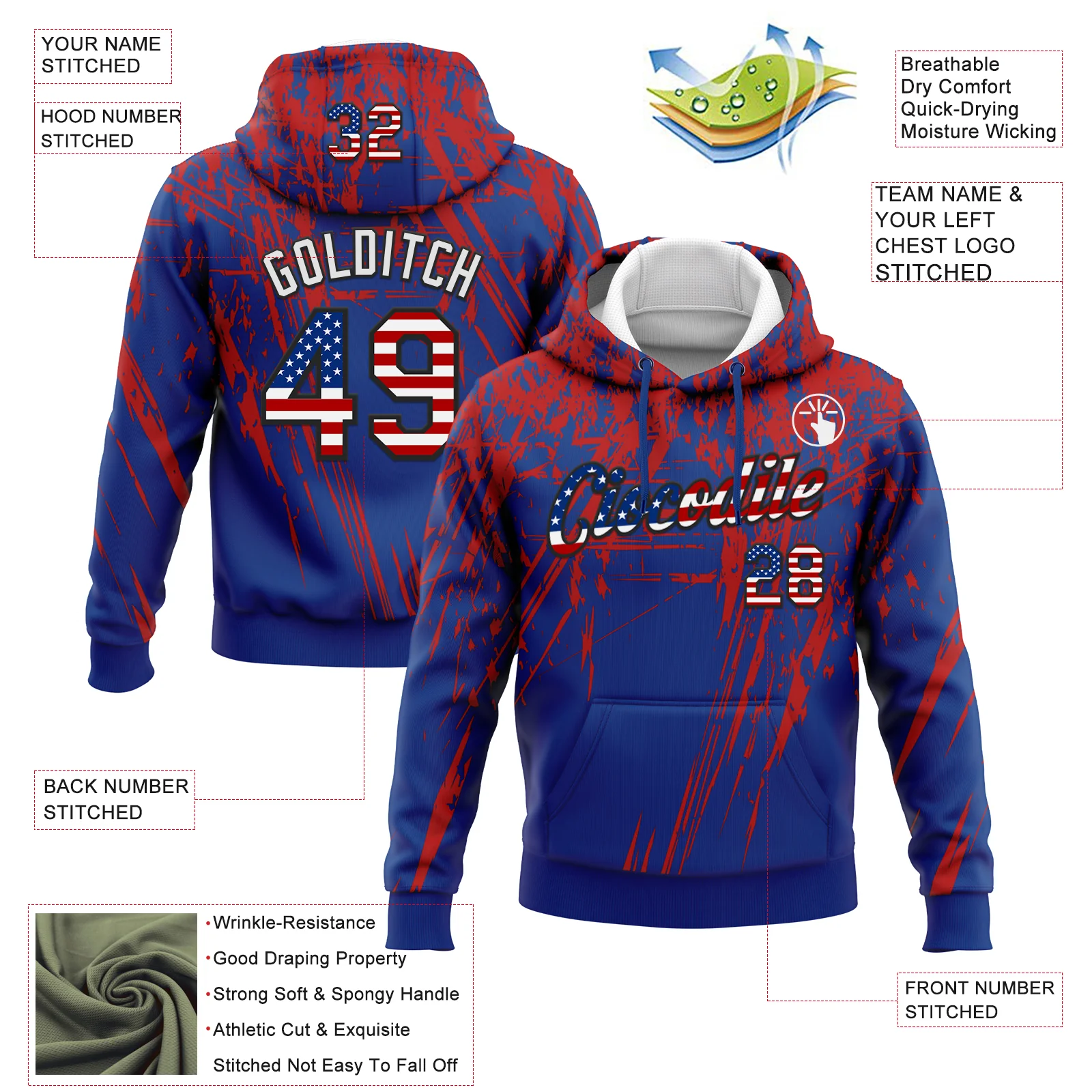 Custom Stitched Royal USA Flag Red Black-White 3D Pattern Design Splash Grunge Art Sports Pullover Sweatshirt Hoodie