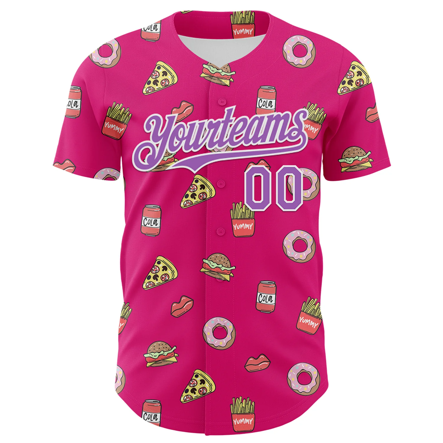 Custom Hot Pink Medium Purple-White 3D Pattern Design Foodie Fast Food Pizza Donut Cola Authentic Baseball Jersey