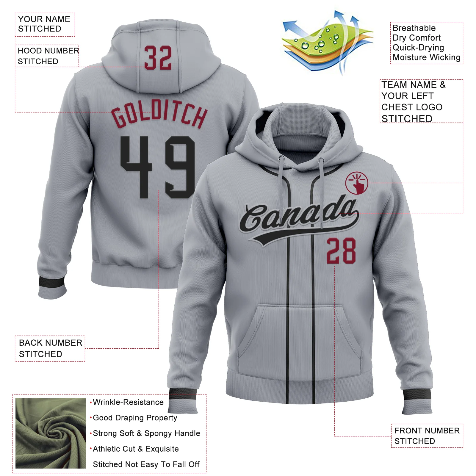 Custom Stitched Gray Black-Crimson Baseball Pullover Sweatshirt Hoodie