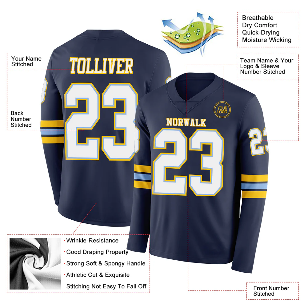 Custom Navy White Light Blue-Yellow Long Sleeve Authentic Football Jersey