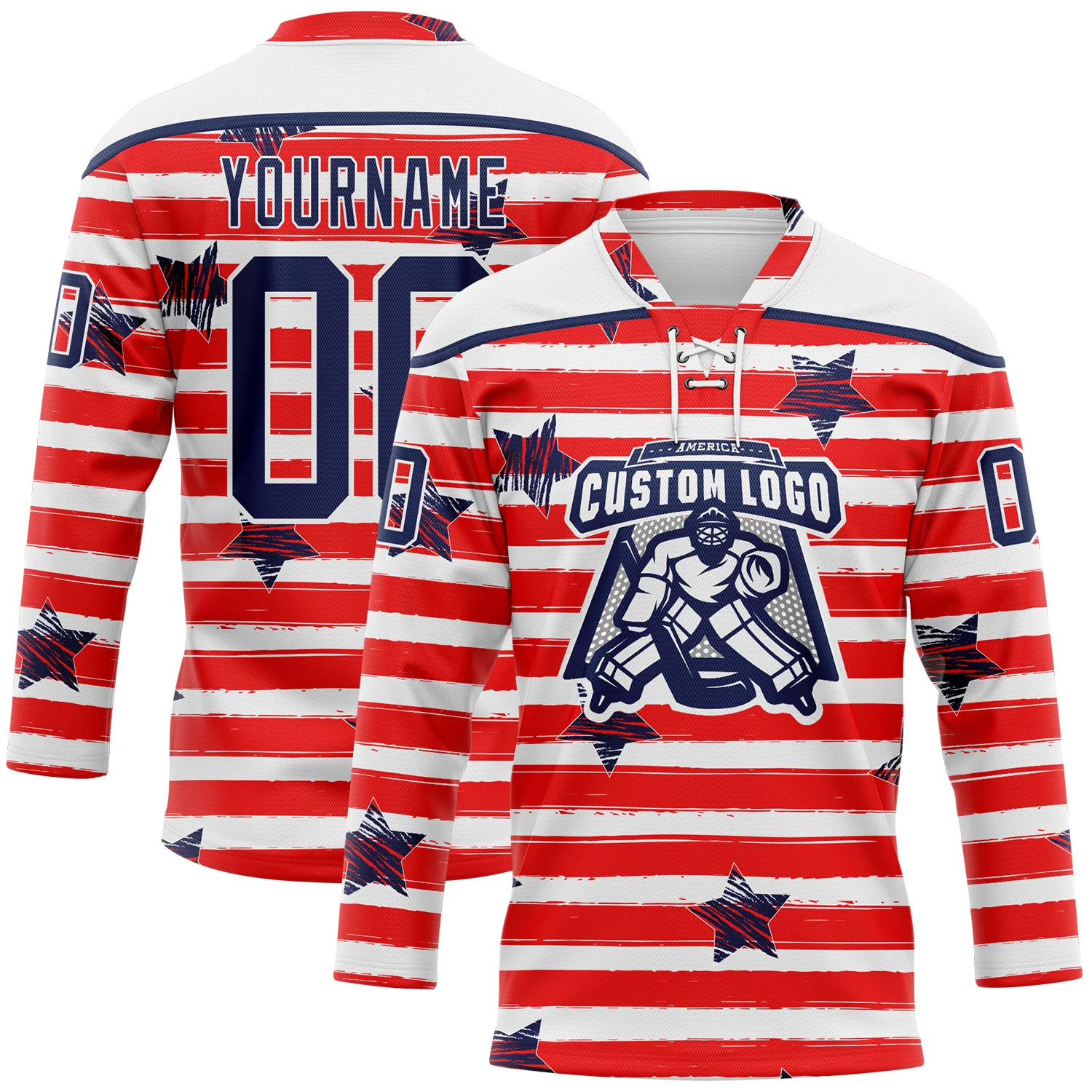 Custom White Navy Red-White American Flag Hockey Lace Neck Jersey