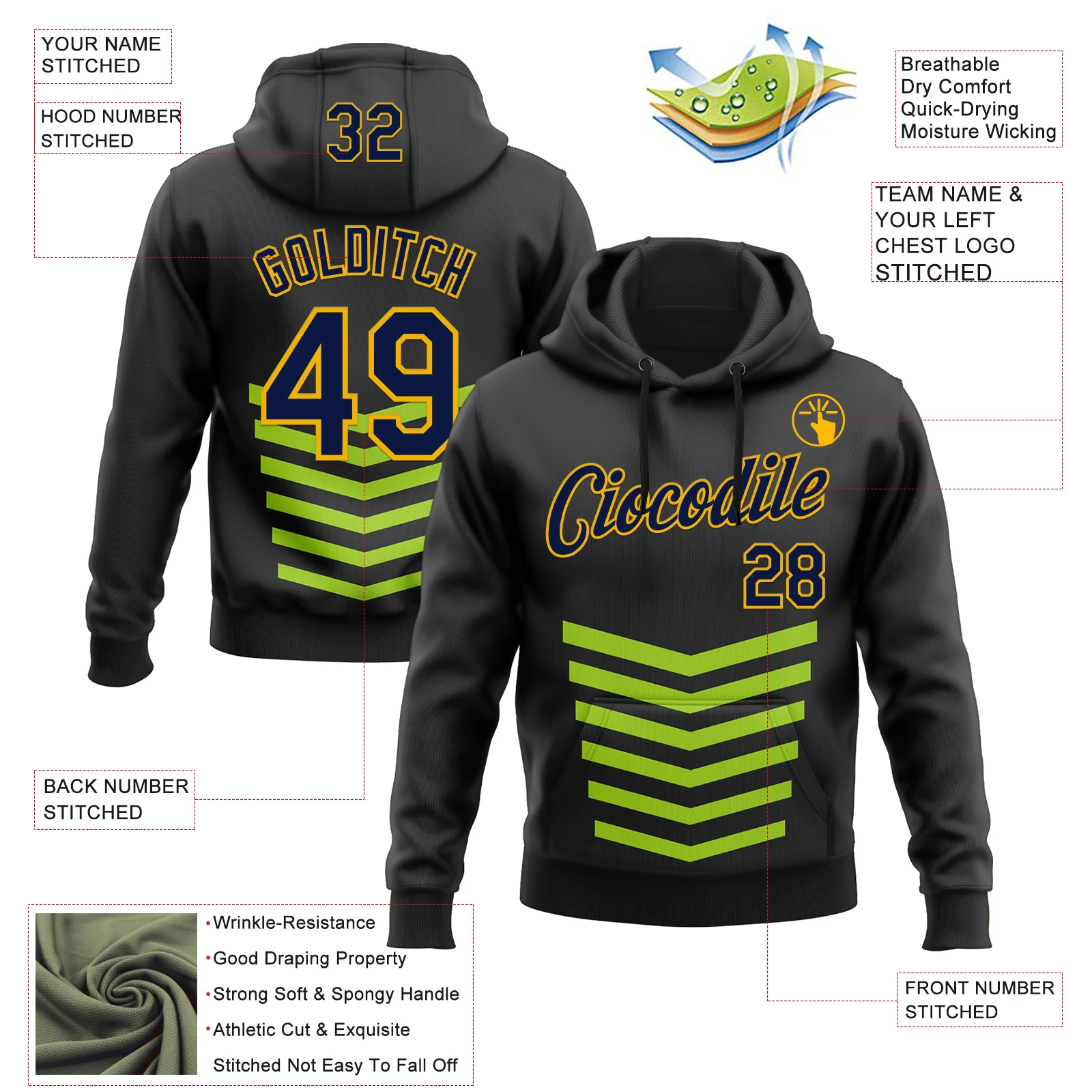 Custom Stitched Black Green-Gold 3D Pattern Design Sportswear Pullover Sweatshirt Hoodie