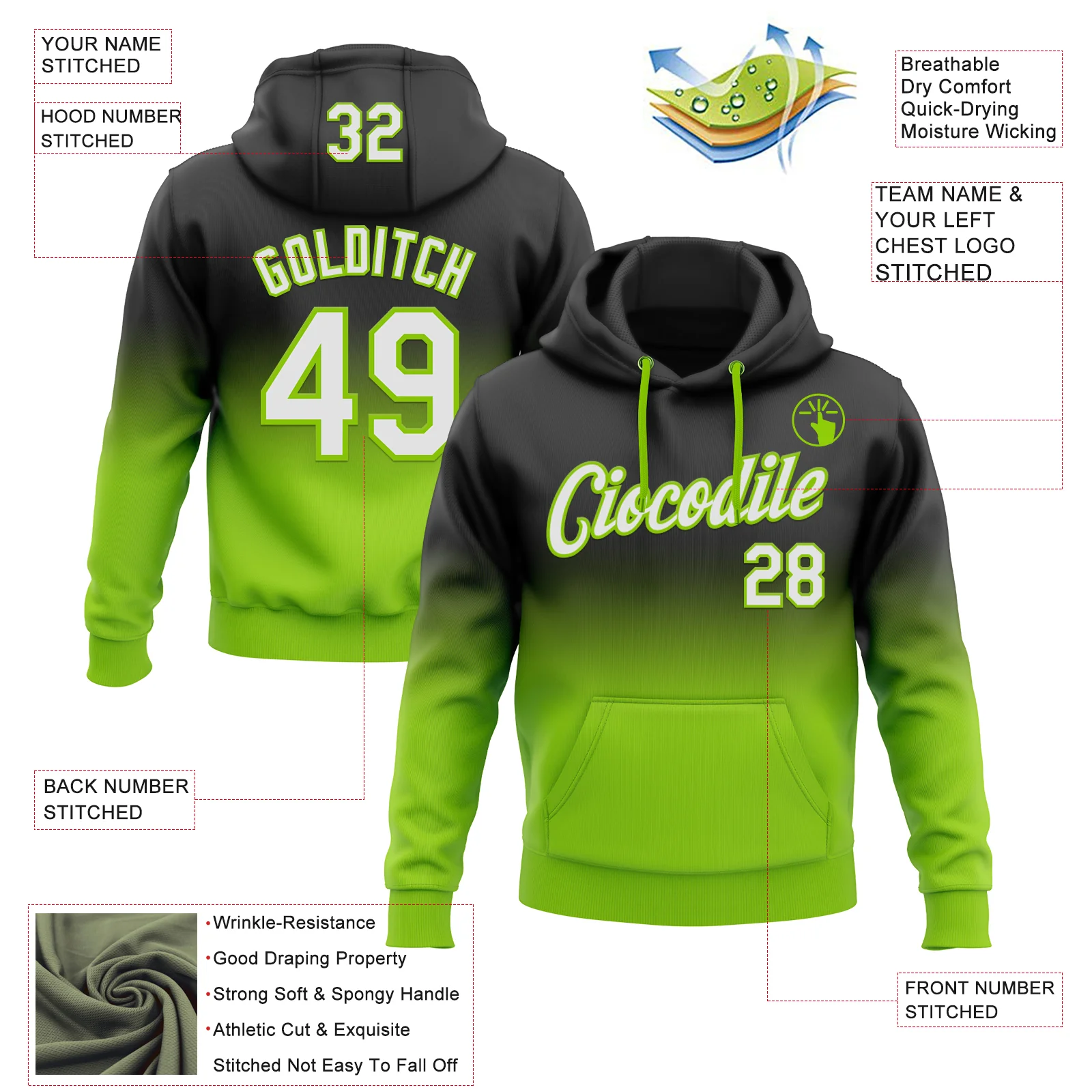 Custom Stitched Black White-Neon Green Fade Fashion Sports Pullover Sweatshirt Hoodie