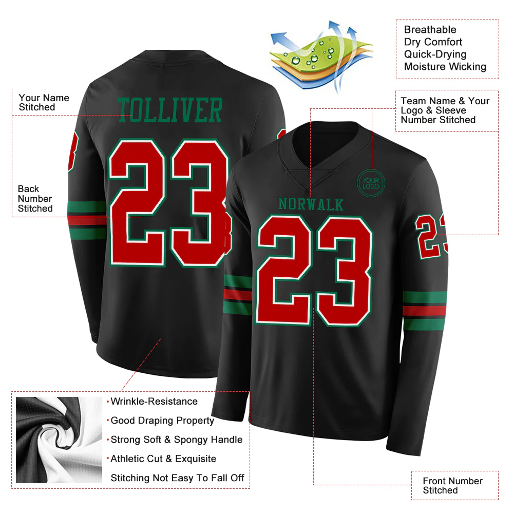 Custom Black Red White-Kelly Green Long Sleeve Authentic Football Jersey