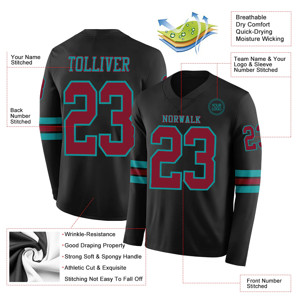 Custom Black Crimson-Teal Long Sleeve Authentic Football Jersey