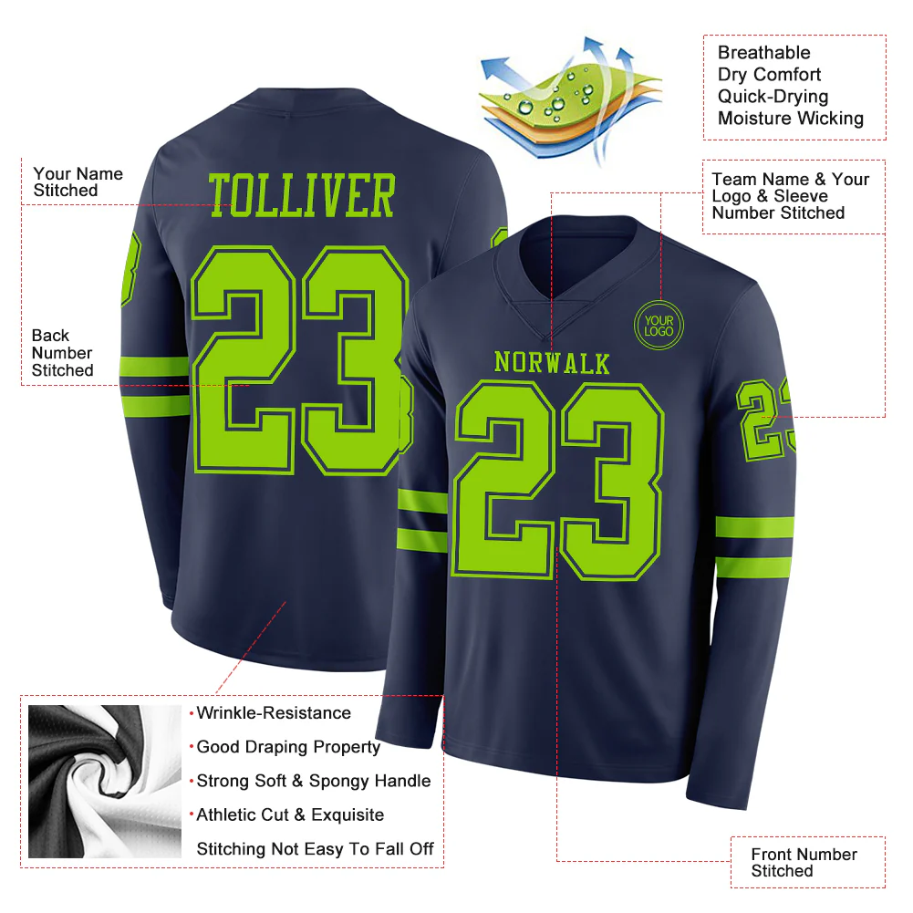 Custom Navy Neon Green Long Sleeve Authentic Football Jersey