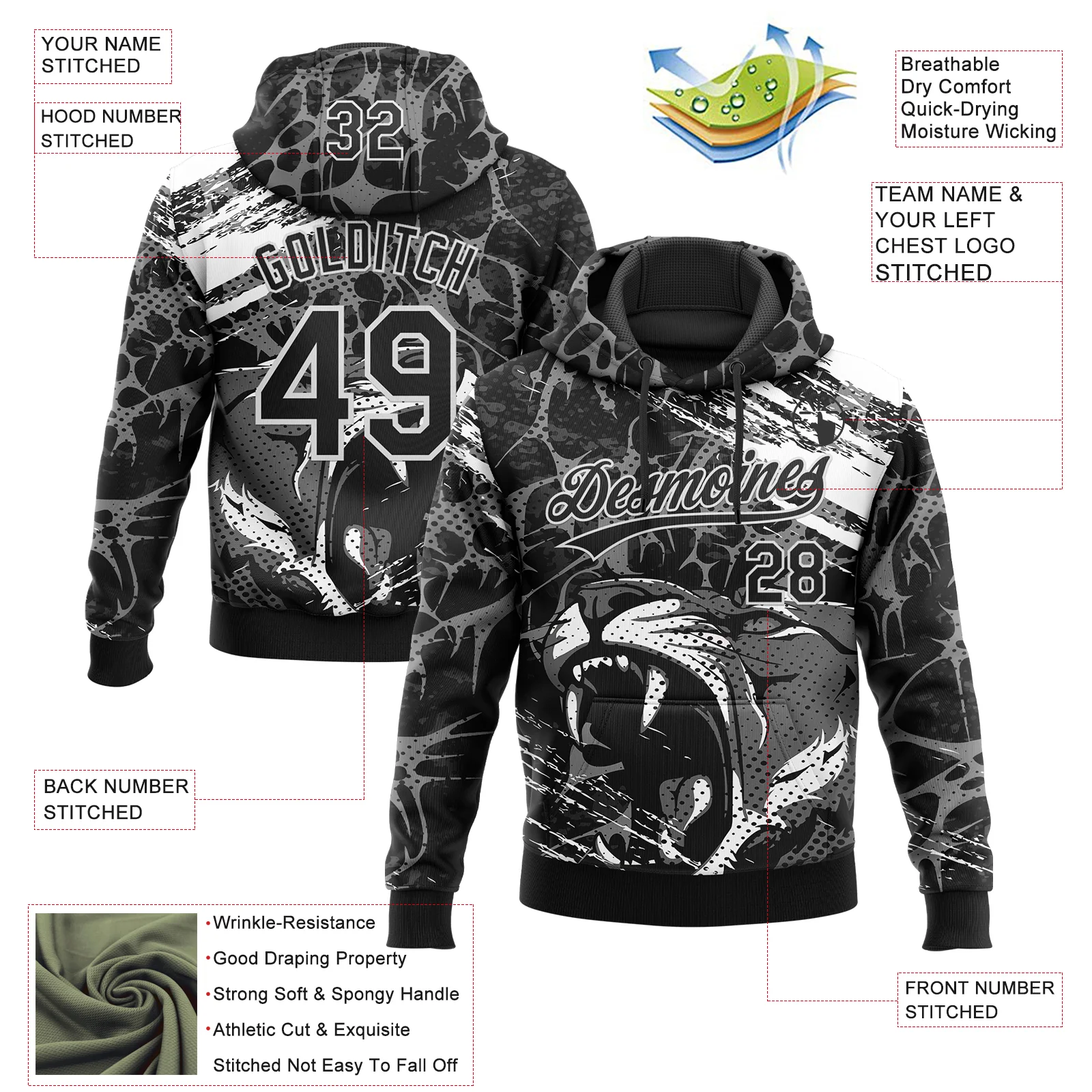 Custom Stitched Black Gray-White 3D Pattern Design Animal Tiger Sports Pullover Sweatshirt Hoodie