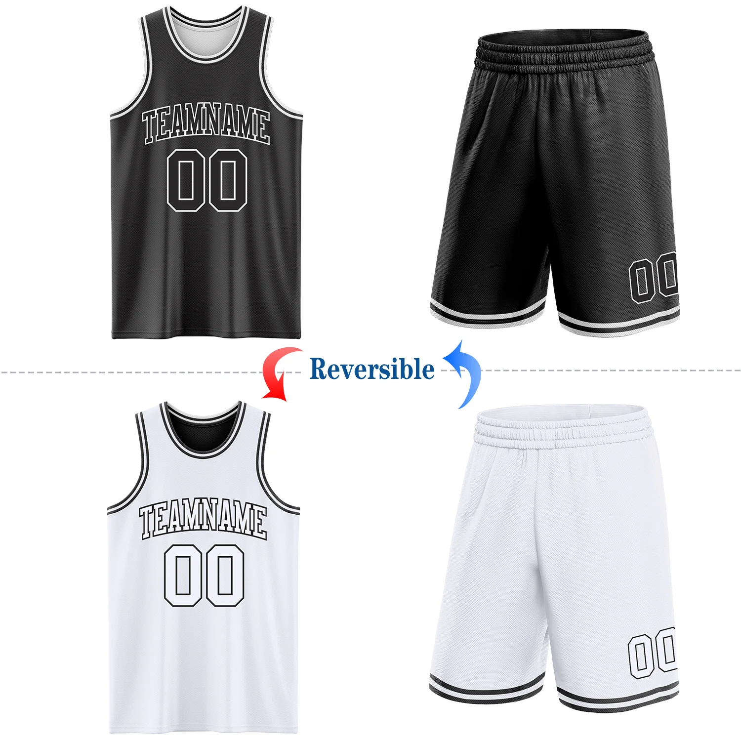 Custom Reversible Black White Double Side Sublimation Basketball Suit Jersey