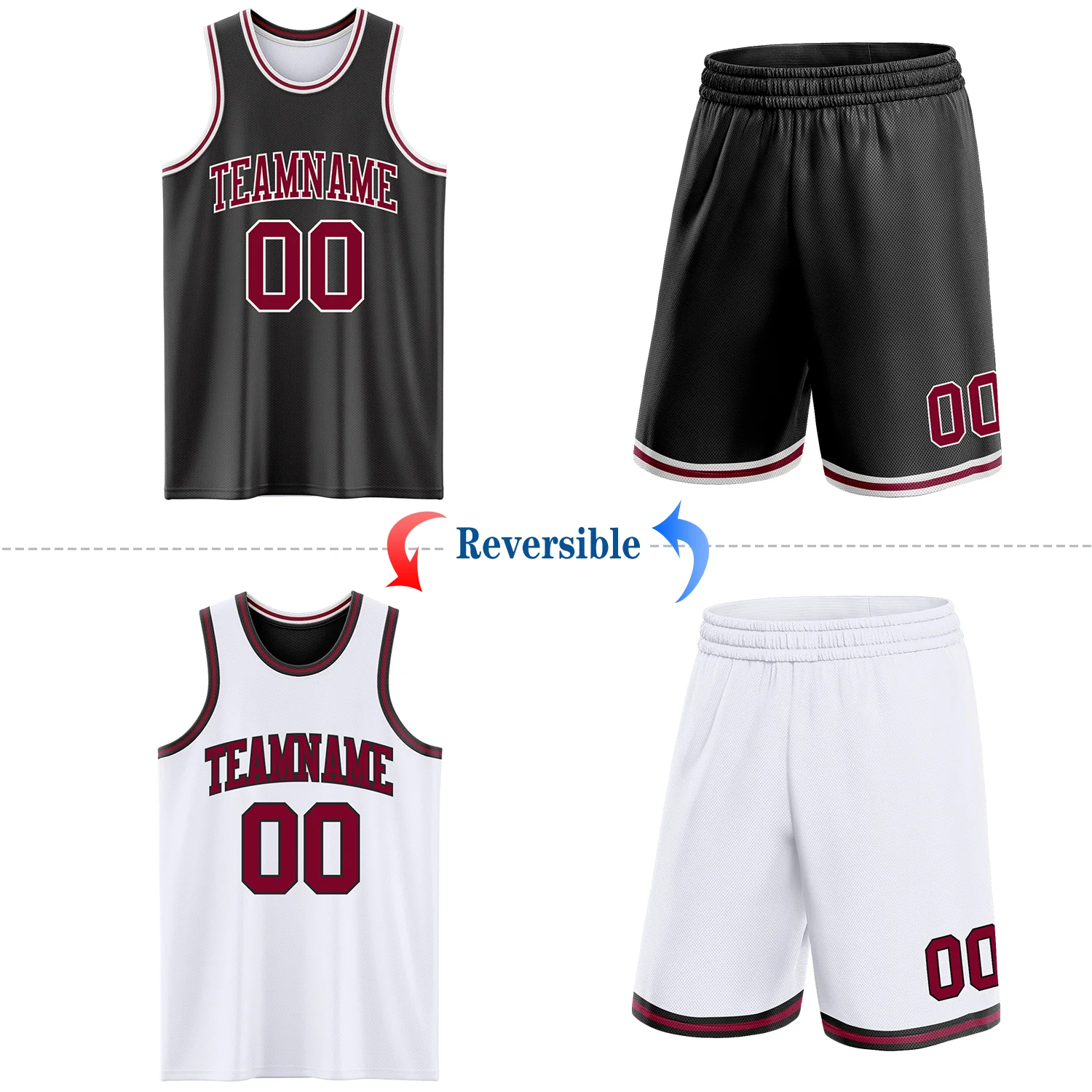 Custom Reversible Black Maroon-White Double Side Sublimation Basketball Suit Jersey