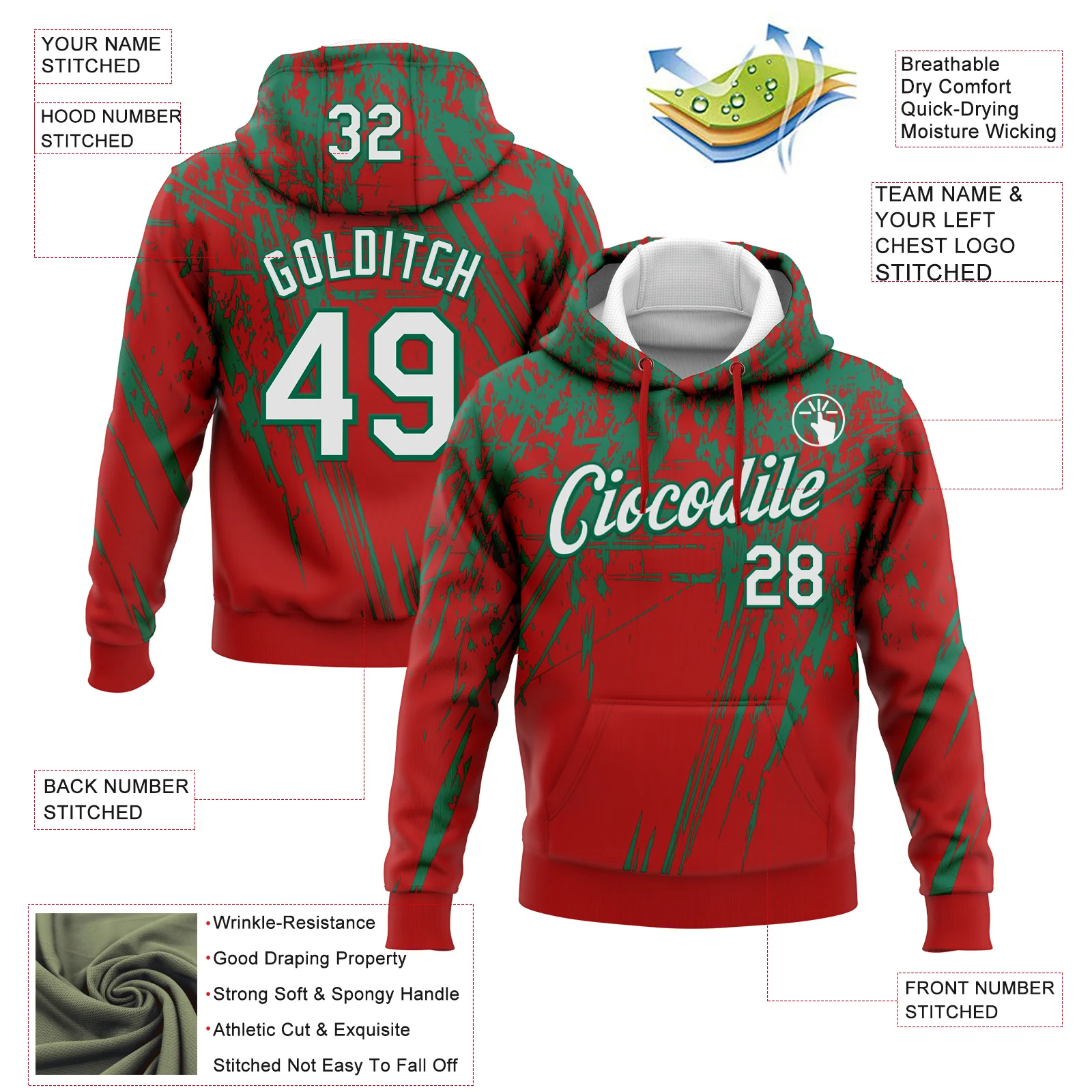 Custom Stitched Red White-Kelly Green 3D Pattern Design Splash Grunge Art Sports Pullover Sweatshirt Hoodie