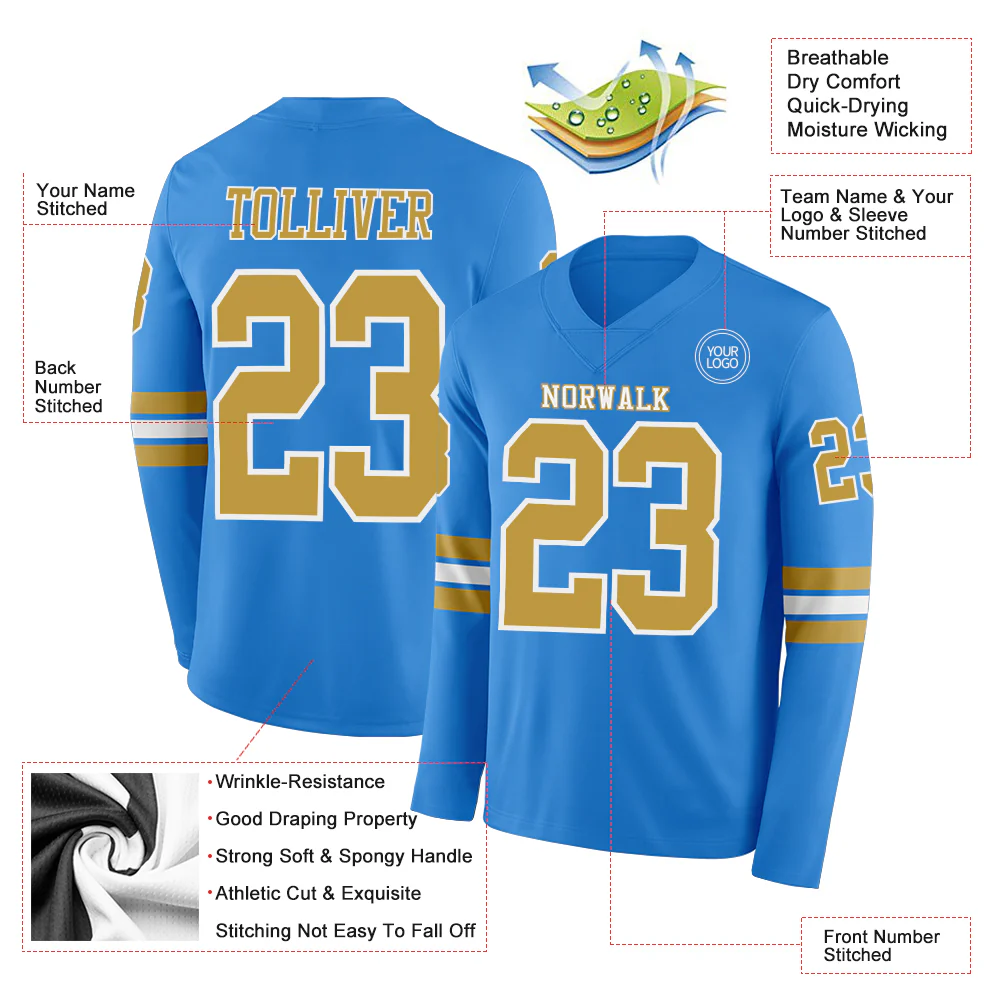Custom Powder Blue Old Gold-White Long Sleeve Authentic Football Jersey