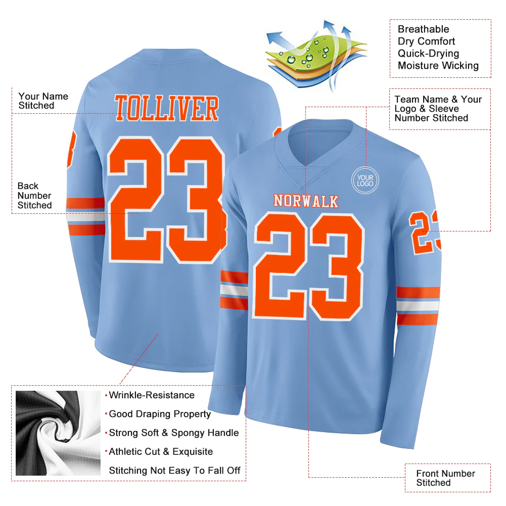 Custom Light Blue Orange-White Long Sleeve Authentic Football Jersey