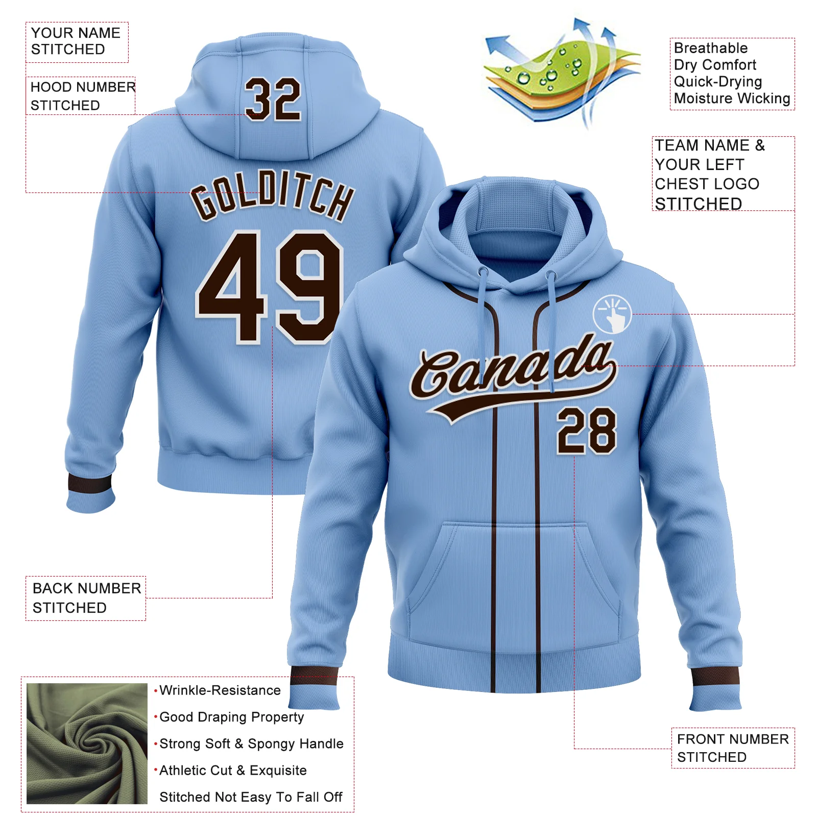Custom Stitched Light Blue Brown-White Baseball Pullover Sweatshirt Hoodie
