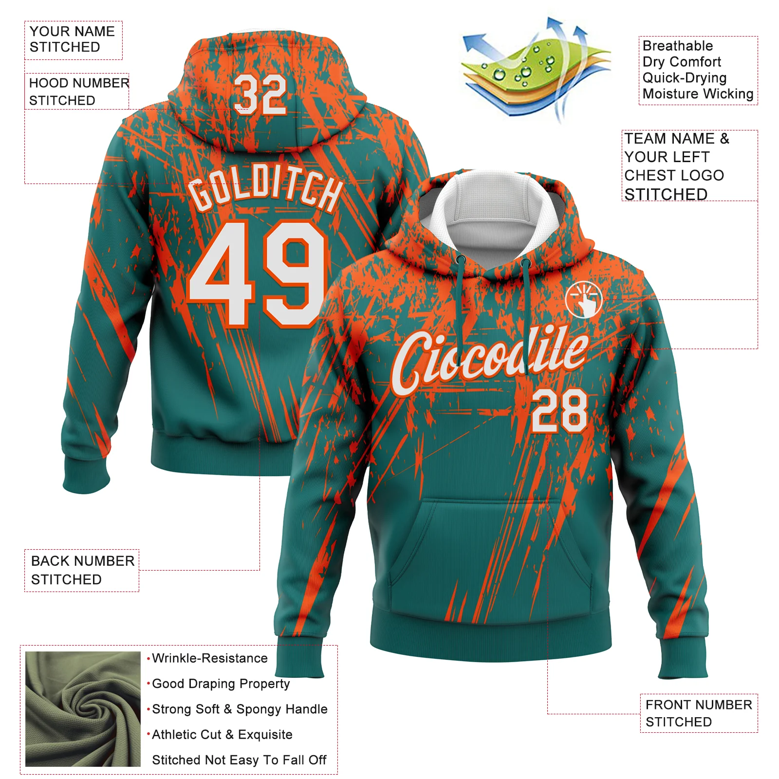 Custom Stitched Teal White-Orange 3D Pattern Design Splash Grunge Art Sports Pullover Sweatshirt Hoodie