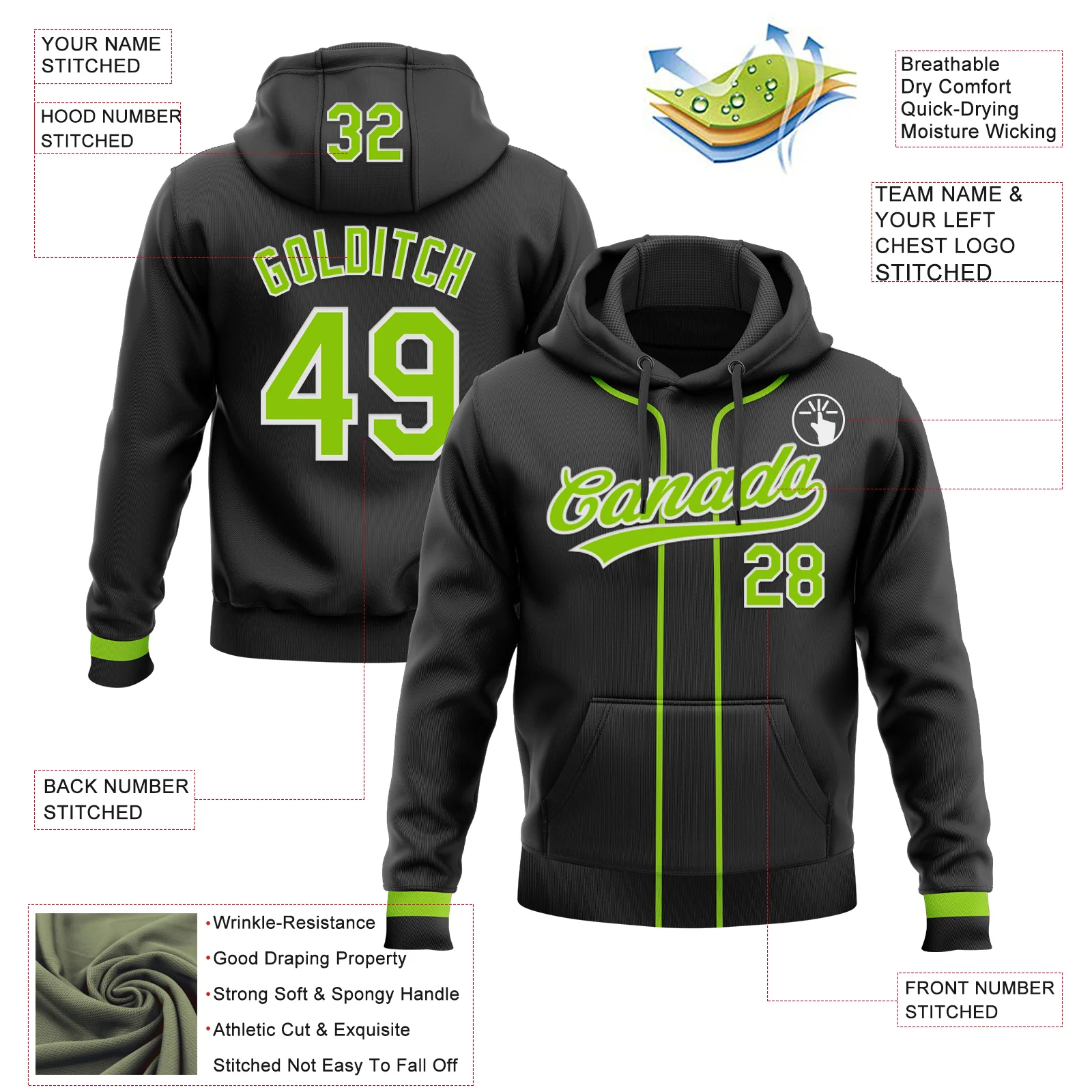 Custom Stitched Black Neon Green-White Baseball Pullover Sweatshirt Hoodie