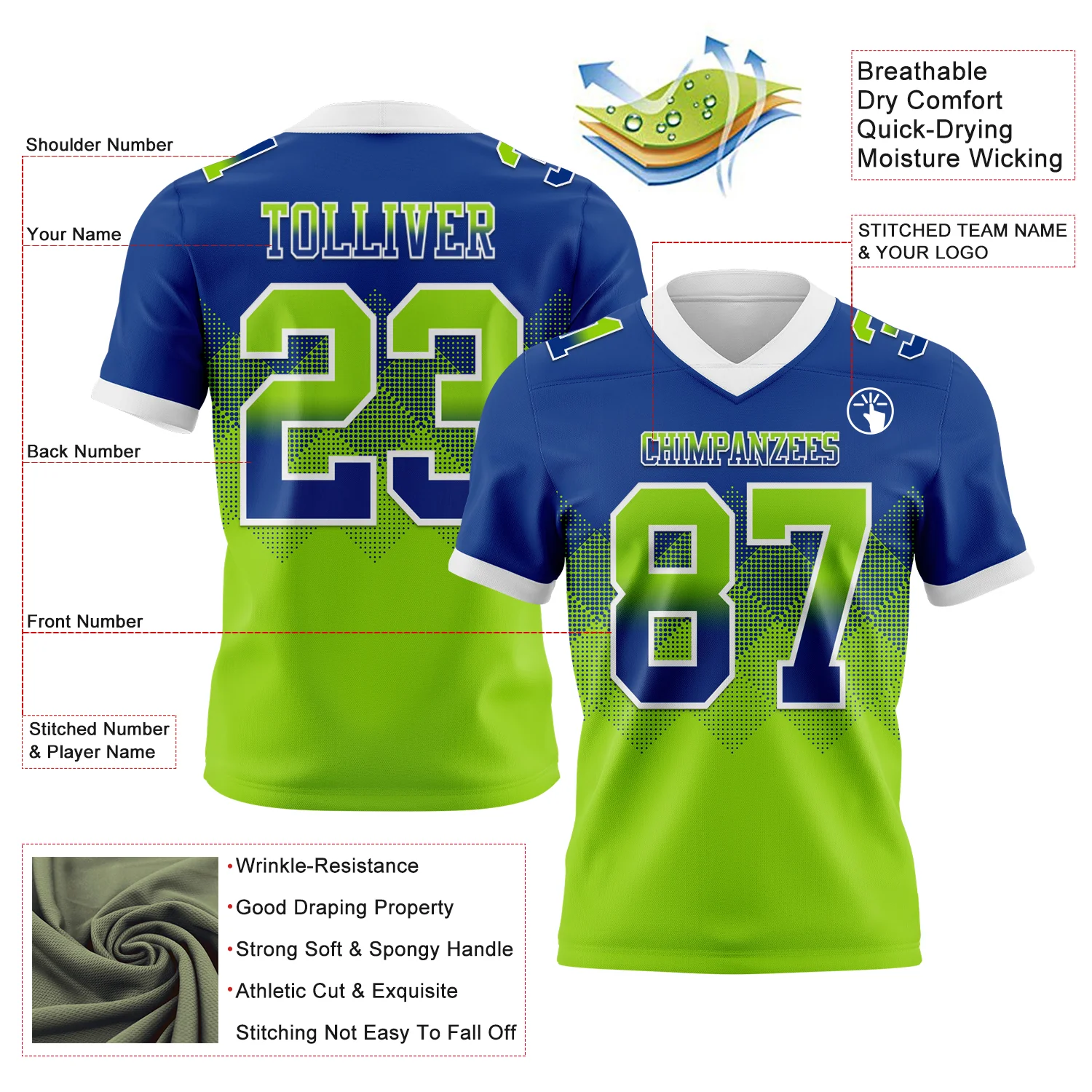 Custom Royal Neon Green-White Authentic Gradient Square Shape Flag Football Jersey