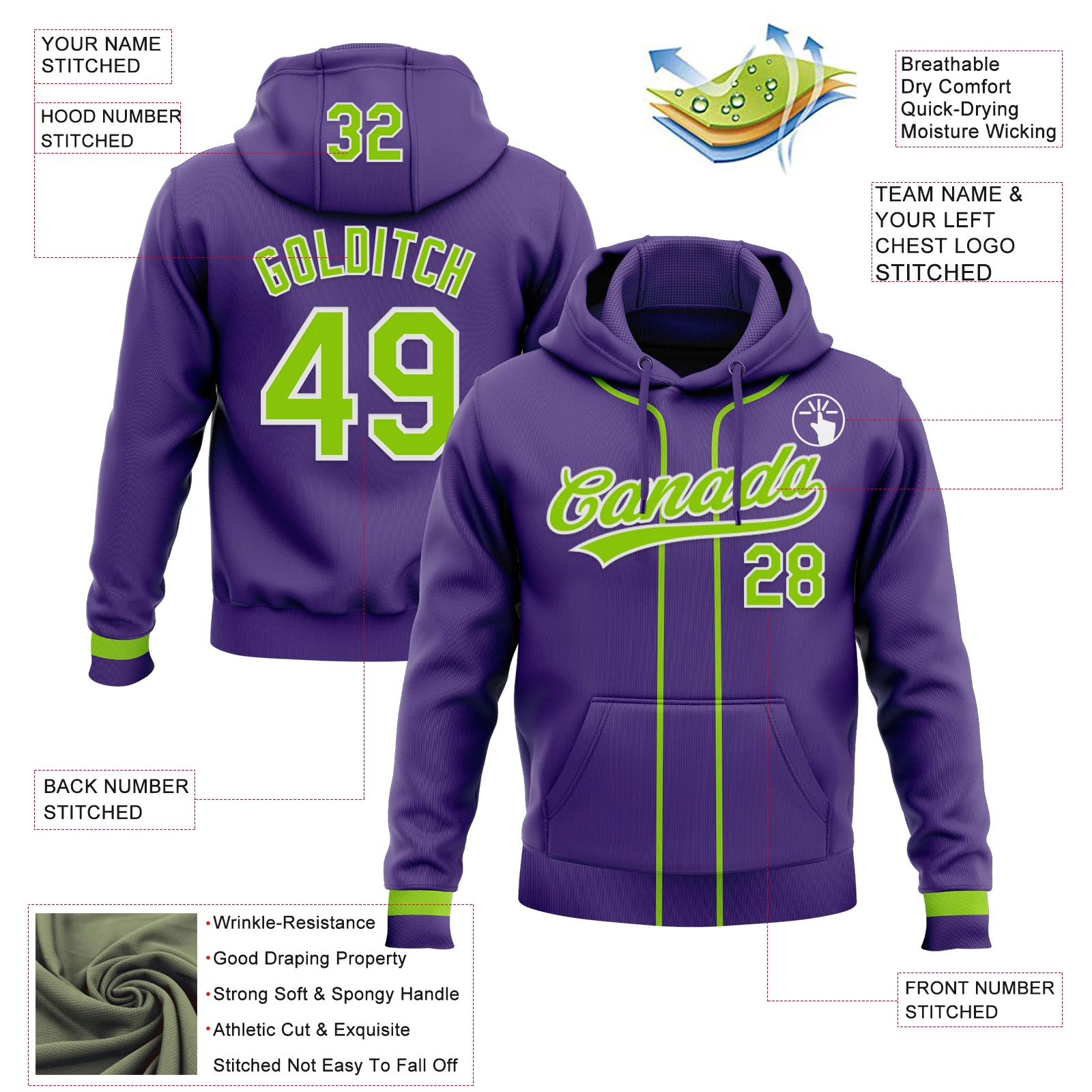 Custom Stitched Purple Neon Green-White Baseball Pullover Sweatshirt Hoodie